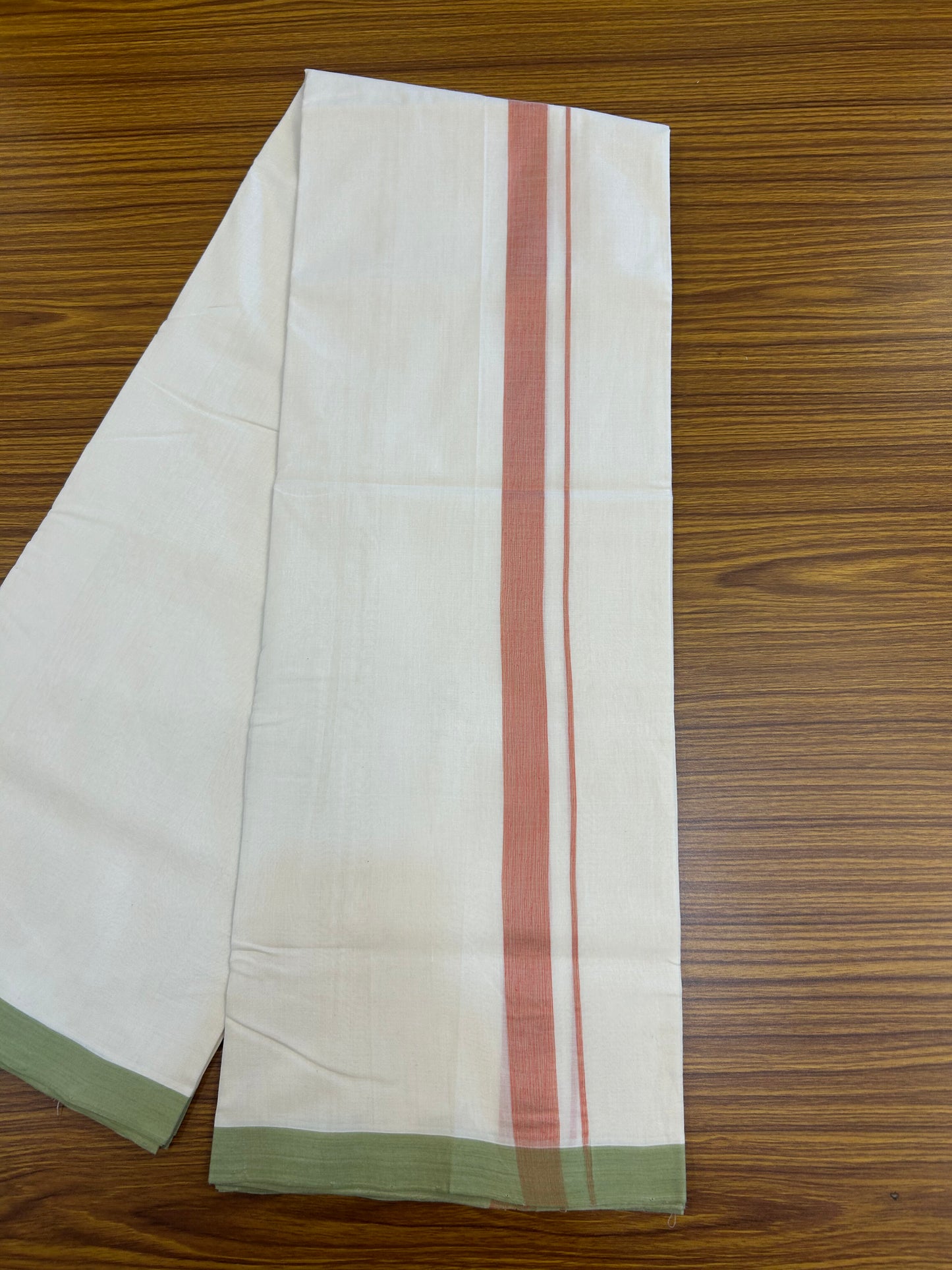 25% Discount!! KaithariKada Handloom Unakkupaav - Kerala Handloom - 100% Pure Cotton Off White (Unbleached) Double Mundu/Dothi - 100x80 - 1 inch Parrot Green & Orange shaded Kara 3.80 mtr (8 muzham) - 30 KK5353 REA