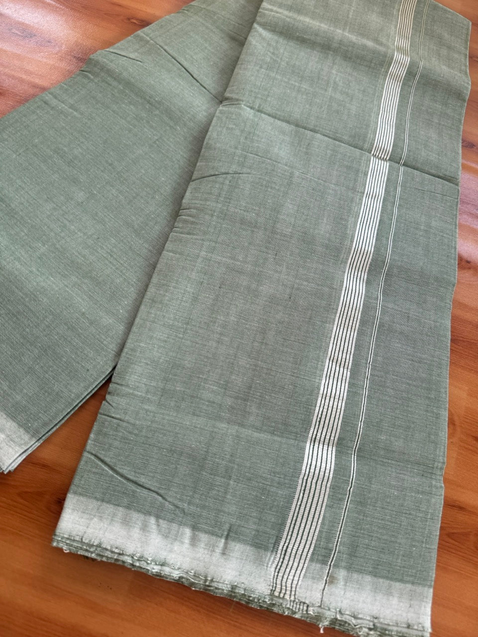 Double Mundu/Dhoti - KaithariKada Handloom Unakkupaav - 25% Discount! Kerala Handloom - Pure Cotton - 100x80 - Green Shaded Colour Body - 0.75 inch Silver Kasav Striped Kara 3.80 mtr & 4 mtr (8.5 muzham) - 12 KK5503 SOM