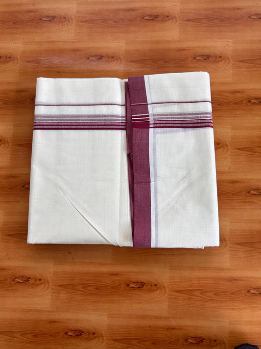 Double Off White (Unbleached) Mundu/Dhoti - 20% Discount! Kaitharikada 100% Pure Cotton - 100x80 - 1 inch Silver Kasav & Maroon striped shaded Kara 4 mtr (8.5 muzham) - 13 KK5540 PMC