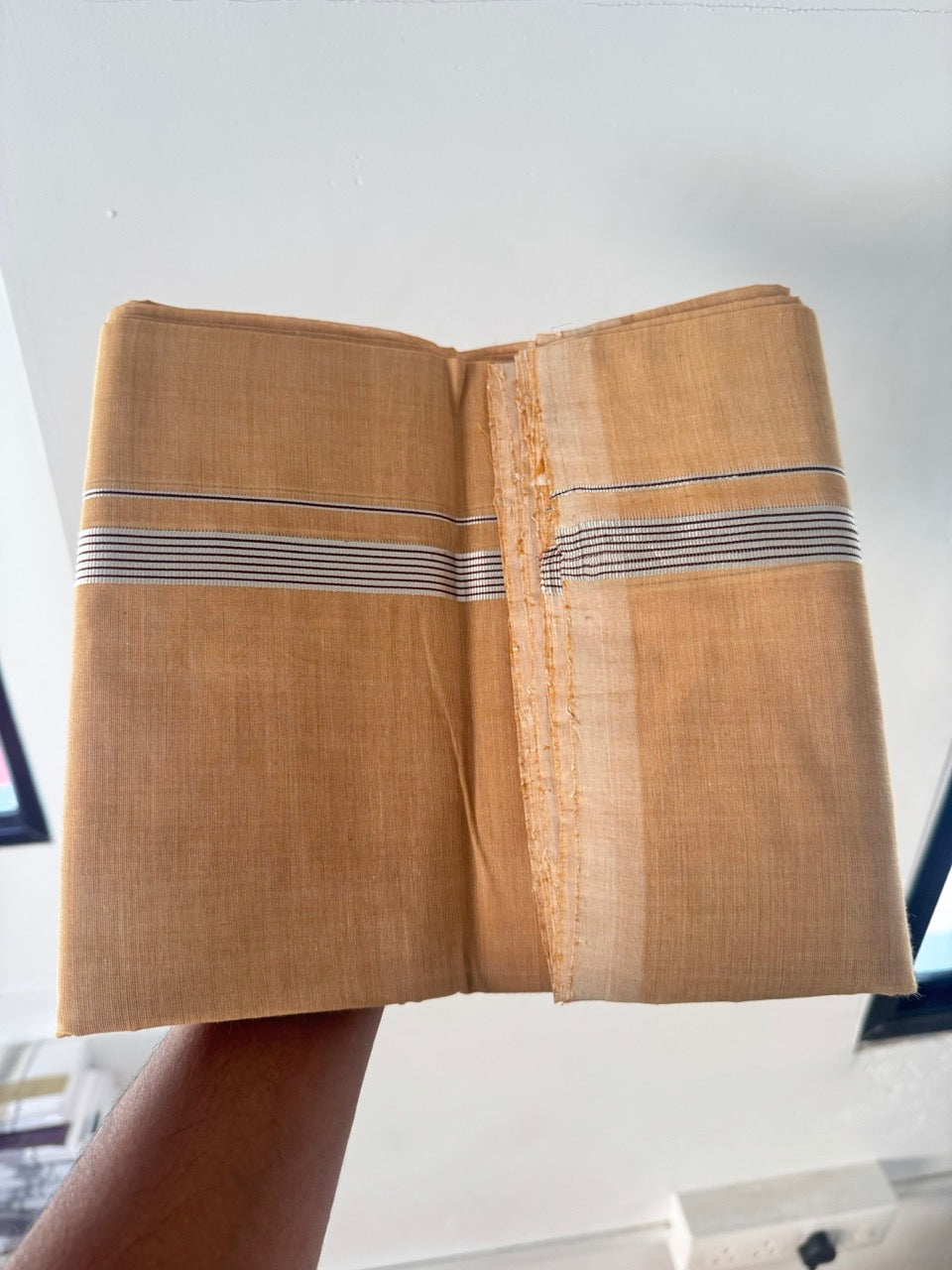 Double Mundu/Dhoti - KaithariKada Handloom Unakkupaav - 25% Discount! Kerala Handloom - Pure Cotton - 100x80 - Sand Brown Shaded Colour Body - 0.75 inch Silver Kasav & Maroon Striped Kara 3.80 mtr (8 muzham) - 14 KK5503 SOM