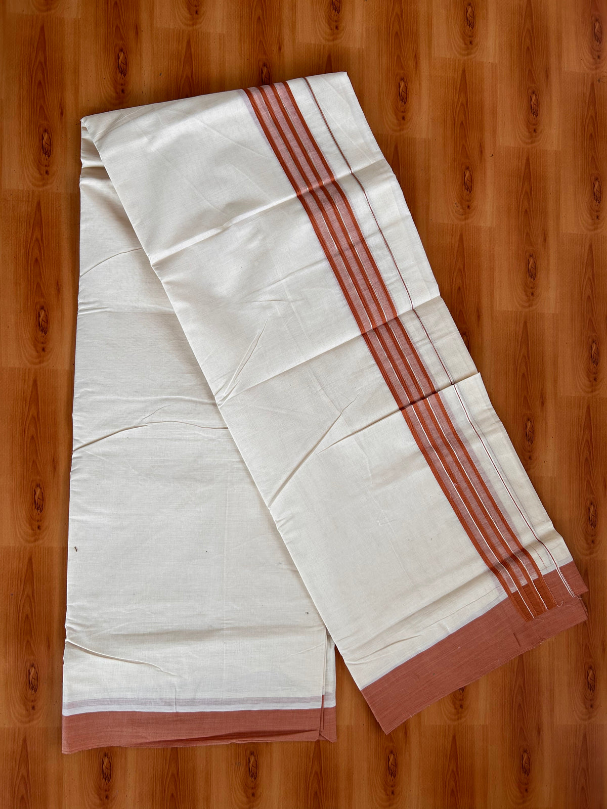 Double Off White (Unbleached) Mundu/Dhoti - 20% Discount! Kaitharikada 100% Pure Cotton - 100x80 - 1.75 inch Silver Kasav & Orange Brown striped shaded Kara 4 mtr (8.5 muzham) - 14 KK5540 PMC
