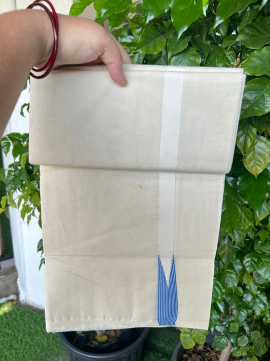 20% DISCOUNT ! KaithariKada Balaramapuram 100% COTTON Double OFF WHITE (Unbleached) Mundu/Dhoti- 100x100 - 1 inch Puliyilakkara Blue Striped Chutty Kara - 7KK5211ASH