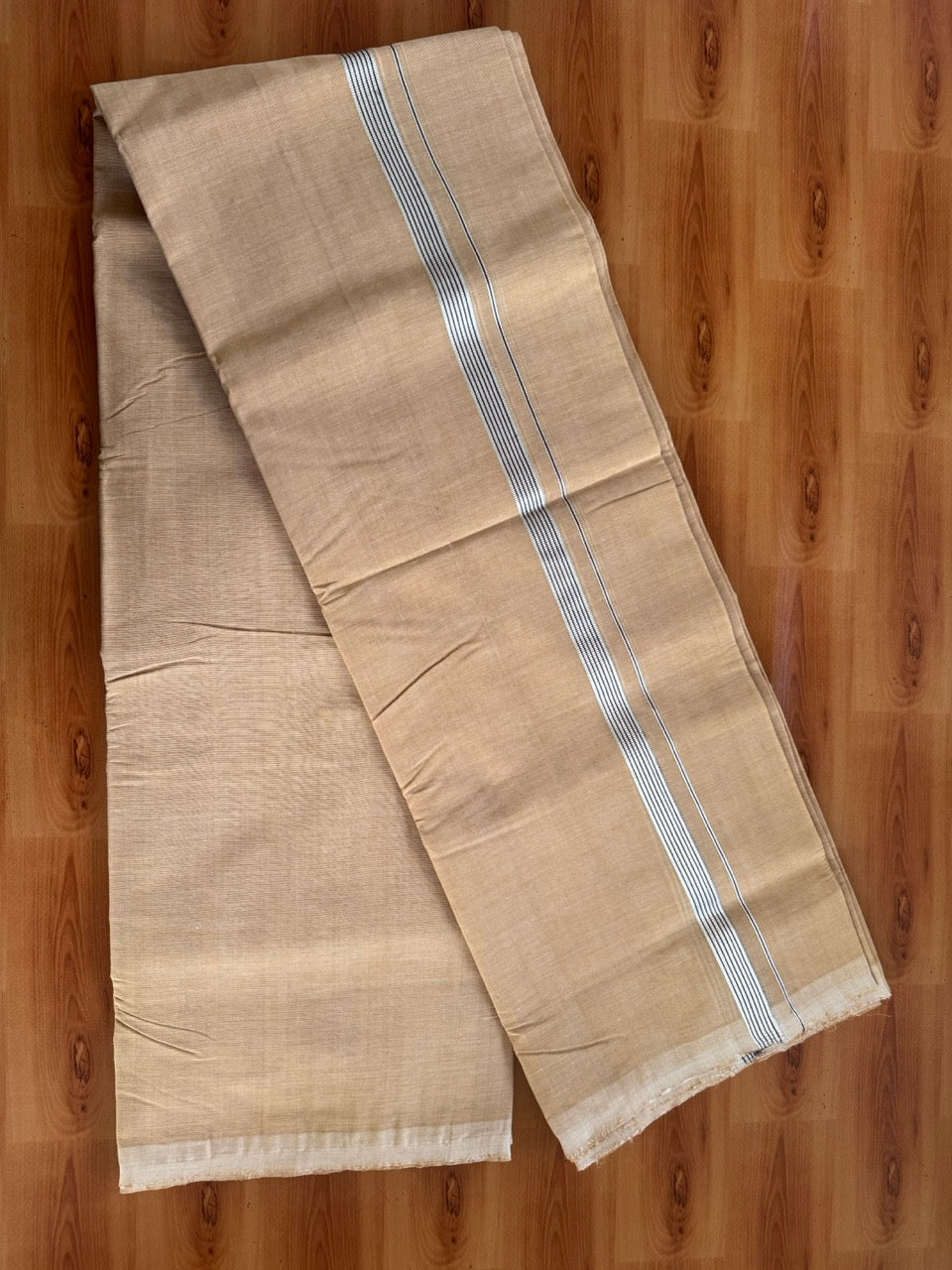 Double Mundu/Dhoti - KaithariKada Handloom Unakkupaav - 25% Discount! Kerala Handloom - Pure Cotton - 100x80 - Sand Brown Shaded Colour Body - 0.75 inch Silver Kasav & Maroon Striped Kara 3.80 mtr (8 muzham) - 14 KK5503 SOM