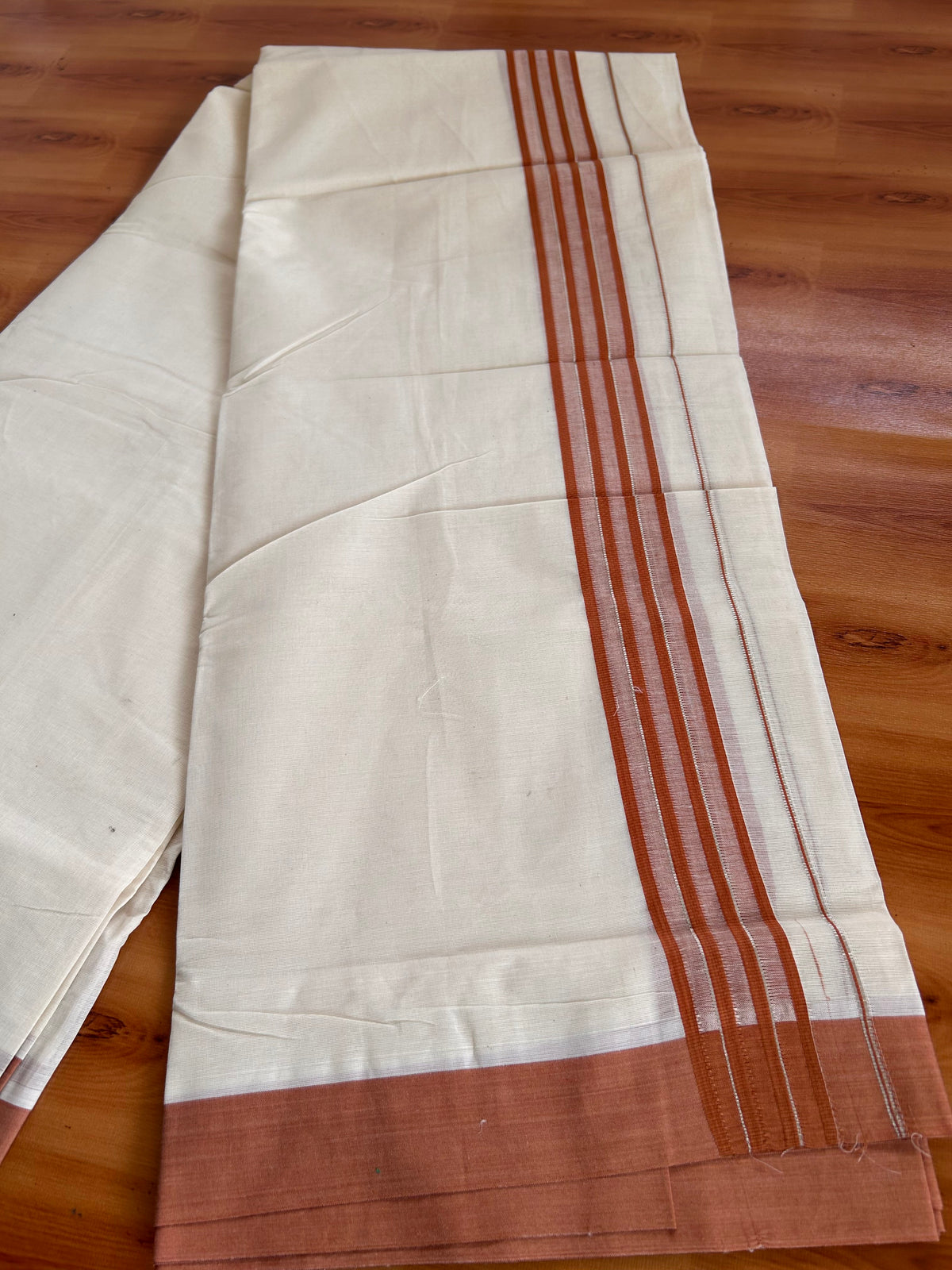 Double Off White (Unbleached) Mundu/Dhoti - 20% Discount! Kaitharikada 100% Pure Cotton - 100x80 - 1.75 inch Silver Kasav & Orange Brown striped shaded Kara 4 mtr (8.5 muzham) - 14 KK5540 PMC