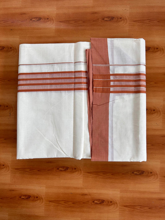 Double Off White (Unbleached) Mundu/Dhoti - 20% Discount! Kaitharikada 100% Pure Cotton - 100x80 - 1.75 inch Silver Kasav & Orange Brown striped shaded Kara 4 mtr (8.5 muzham) - 14 KK5540 PMC