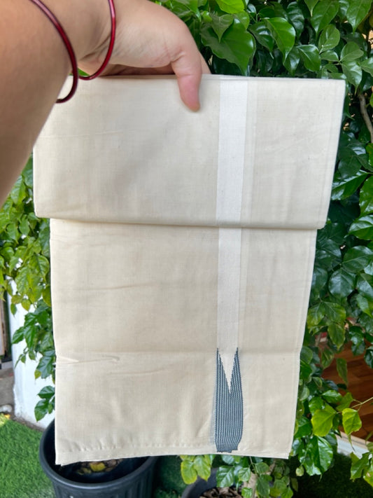 20% DISCOUNT ! KaithariKada Balaramapuram 100% COTTON Double OFF WHITE (Unbleached) Mundu/Dhoti- 100x100 - 1 inch Puliyilakkara Blue Grey Striped Chutty Kara - 8KK5211ASH