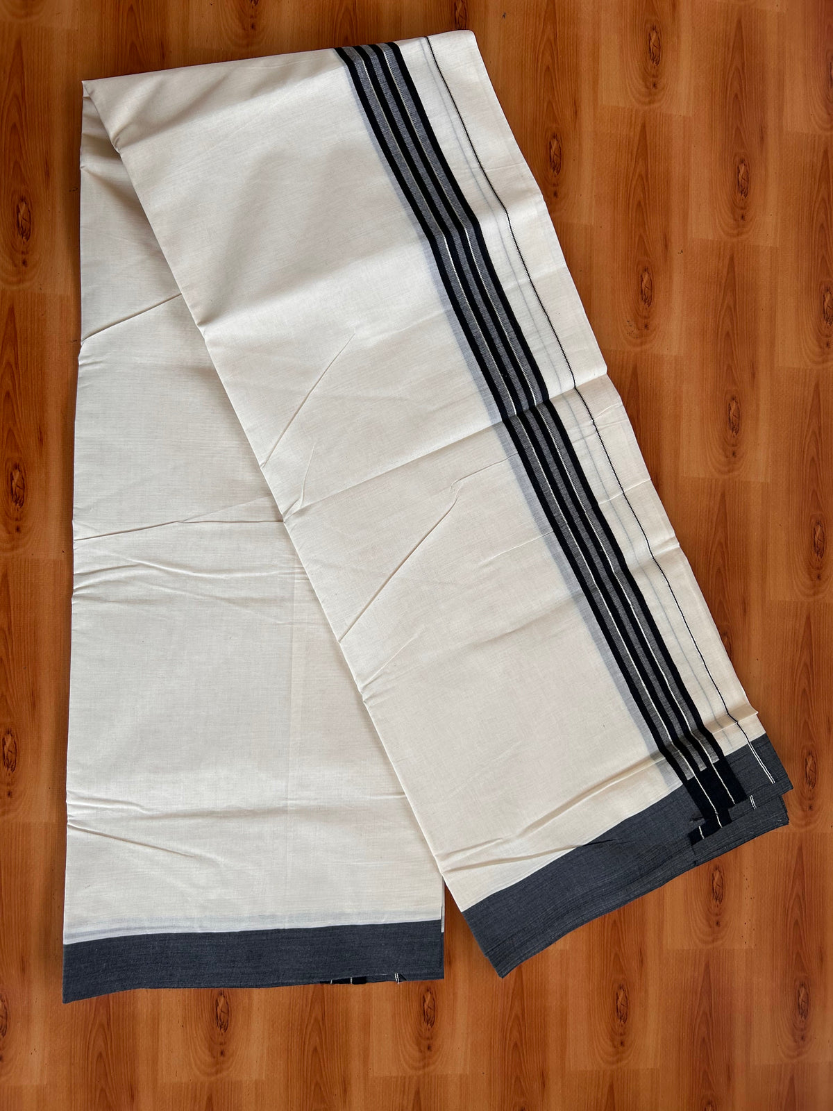 Double Off White (Unbleached) Mundu/Dhoti - 20% Discount! Kaitharikada 100% Pure Cotton - 100x80 - 1.5 inch Silver Kasav & Black striped shaded Kara 4 mtr (8.5 muzham) - 15 KK5540 PMC