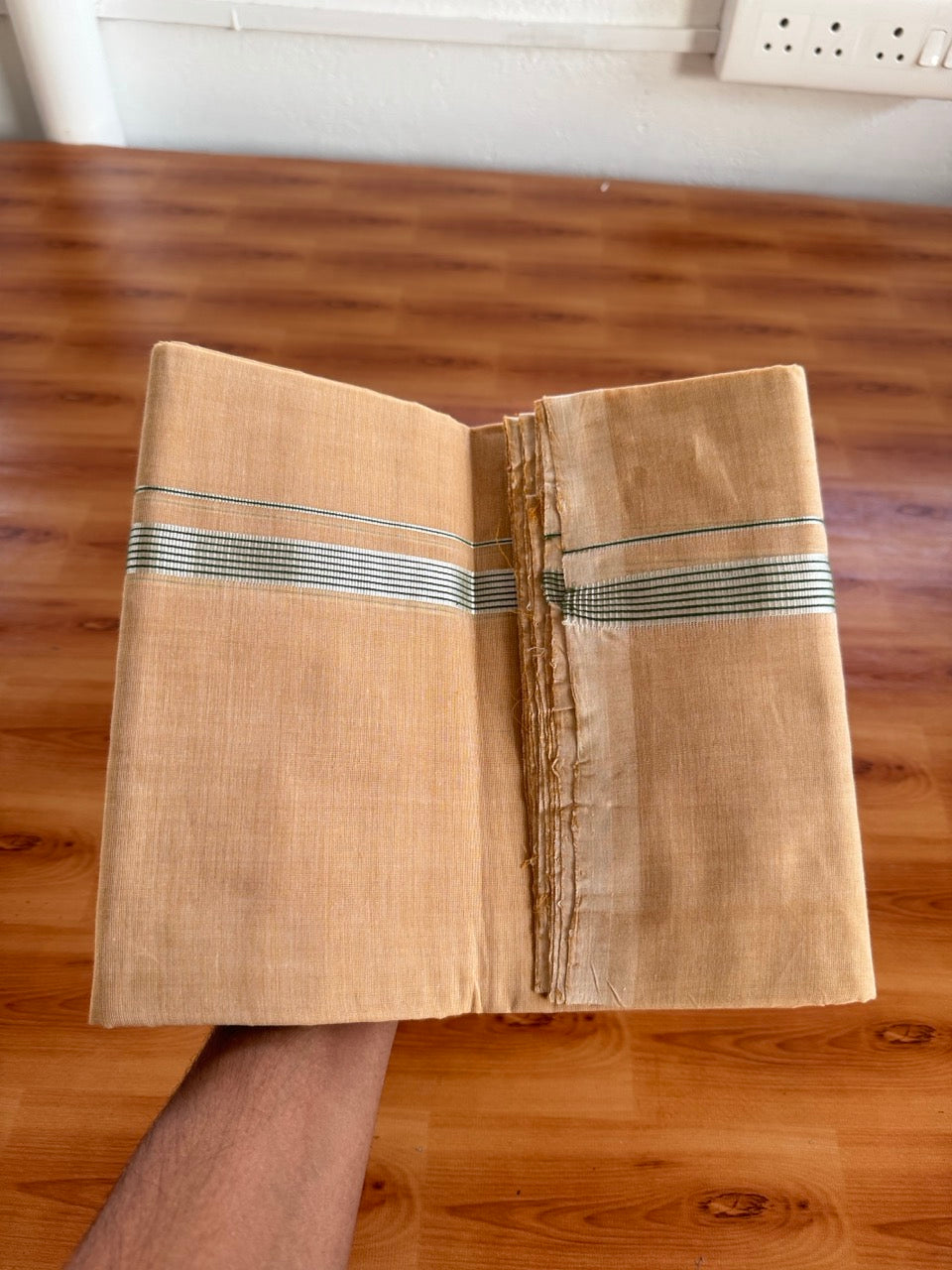 Double Mundu/Dhoti - KaithariKada Handloom Unakkupaav - 25% Discount! Kerala Handloom - Pure Cotton - 100x80 - Sand Brown Shaded Colour Body - 0.75 inch Silver Kasav & Green Striped Kara 3.80 mtr (8 muzham) - 13 KK5503 SOM