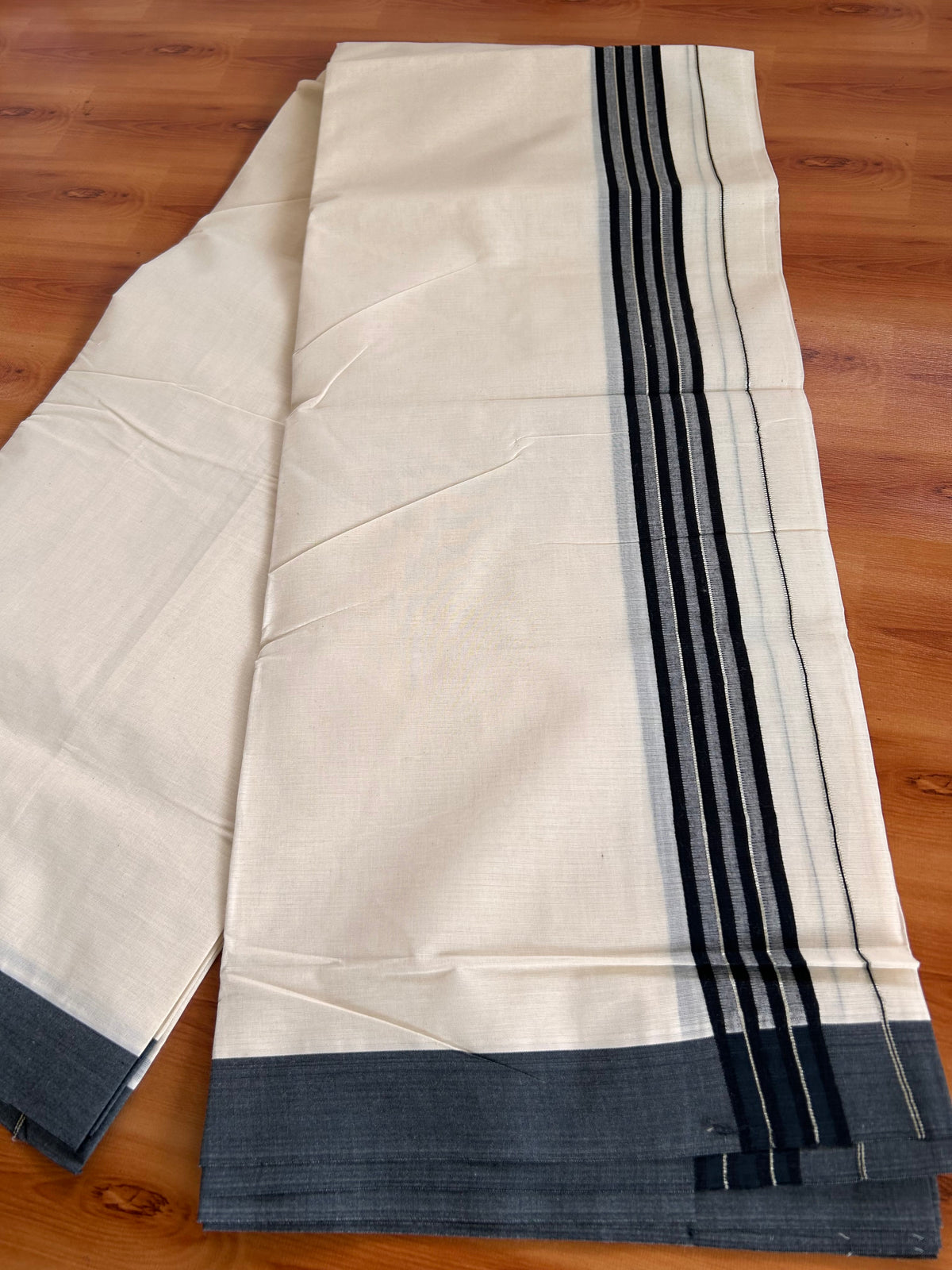 Double Off White (Unbleached) Mundu/Dhoti - 20% Discount! Kaitharikada 100% Pure Cotton - 100x80 - 1.5 inch Silver Kasav & Black striped shaded Kara 4 mtr (8.5 muzham) - 15 KK5540 PMC