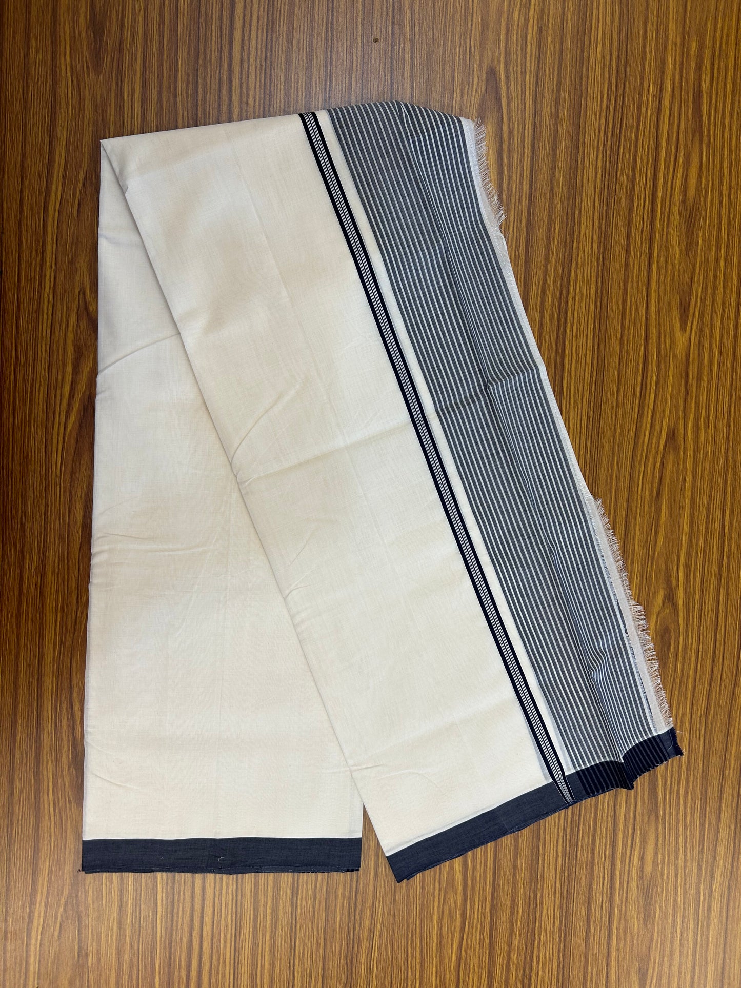 25% Discount!! KaithariKada Handloom Unakkupaav - Kerala Handloom - 100% Pure Cotton Off White (Unbleached) Double Mundu/Dothi - 100x80 - 4 inch Navy Blue Stripes Kara 3.80 mtr (8 muzham) - 19 KK5353 REA