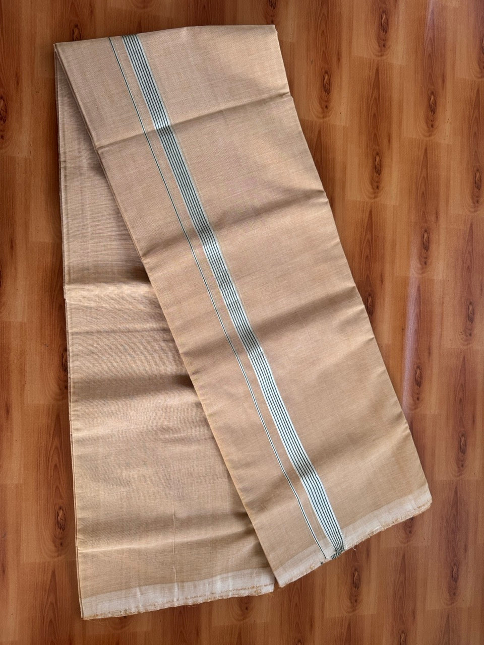 Double Mundu/Dhoti - KaithariKada Handloom Unakkupaav - 25% Discount! Kerala Handloom - Pure Cotton - 100x80 - Sand Brown Shaded Colour Body - 0.75 inch Silver Kasav & Green Striped Kara 3.80 mtr (8 muzham) - 13 KK5503 SOM