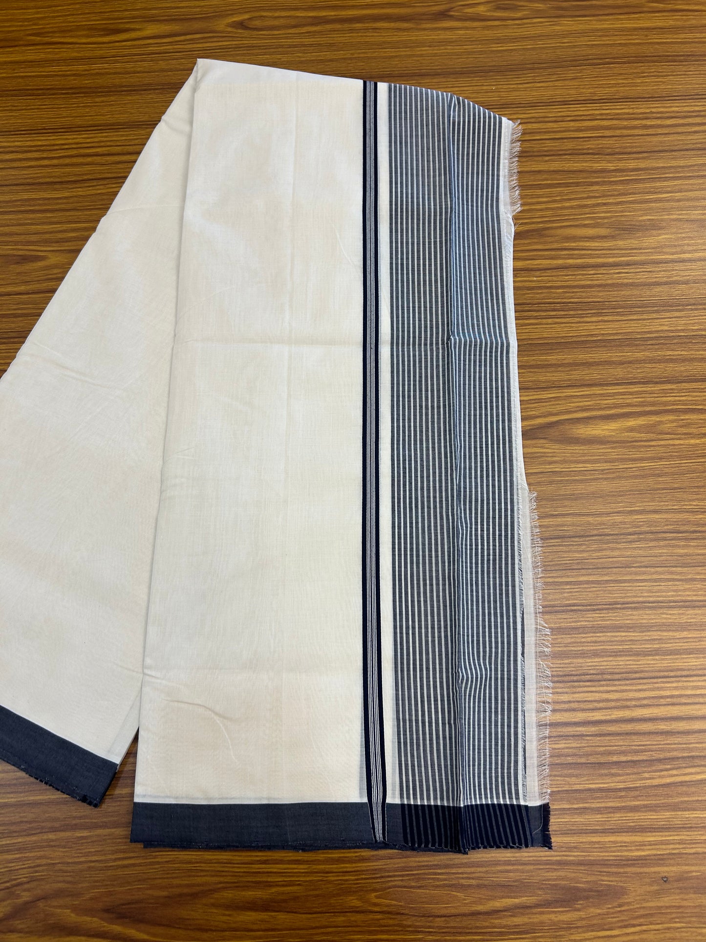 25% Discount!! KaithariKada Handloom Unakkupaav - Kerala Handloom - 100% Pure Cotton Off White (Unbleached) Double Mundu/Dothi - 100x80 - 4 inch Navy Blue Stripes Kara 3.80 mtr (8 muzham) - 19 KK5353 REA