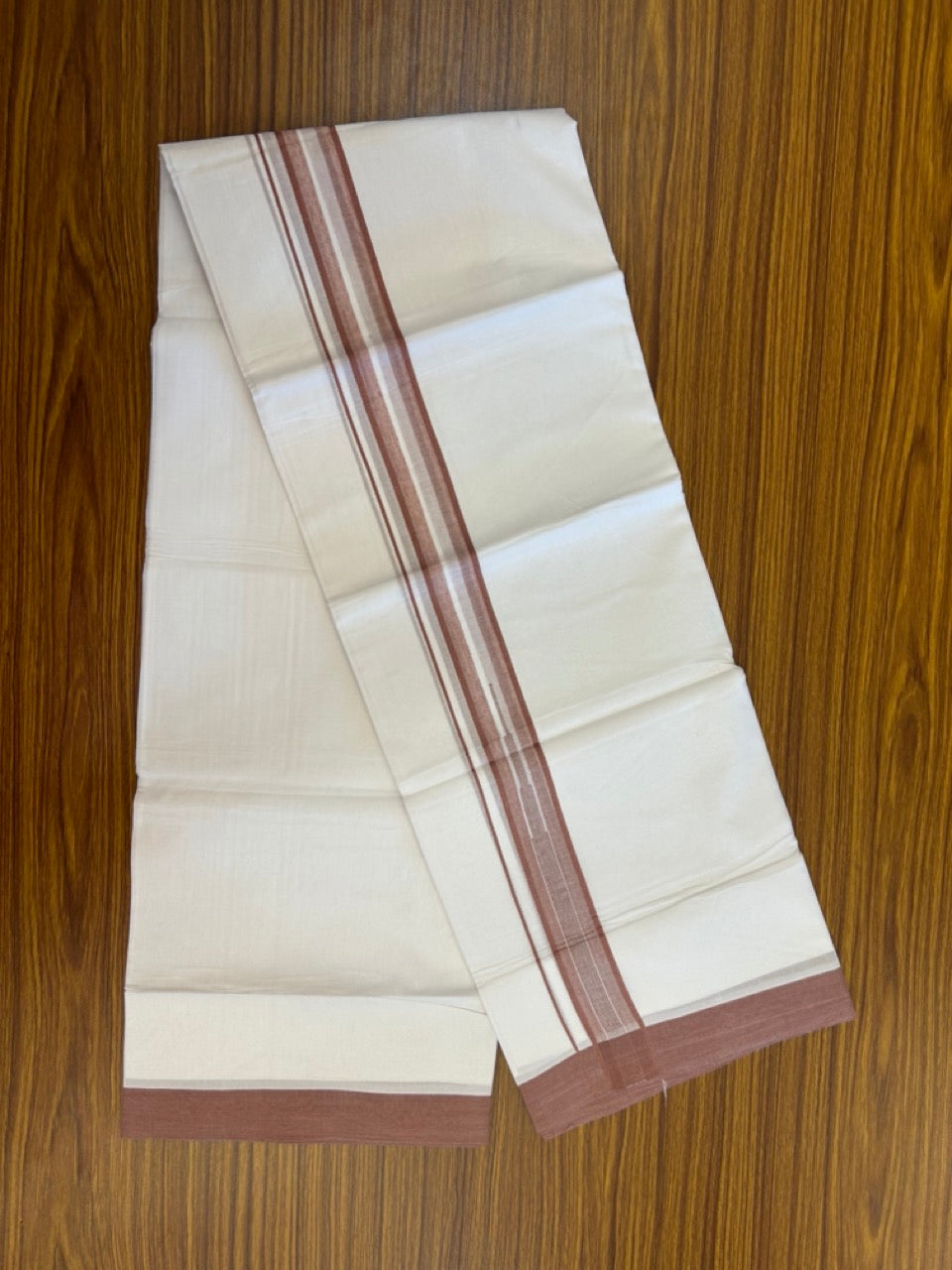 20% Discount ! Kaitharikada Balaramapuram 100% Pure Cotton Double Pure White Mundu/Dhoti - 100x80 - 1.25 inch Dusty Peach striped temple chutty 3.90 mtr (8.5 muzham) - 56 KK5287 PMC
