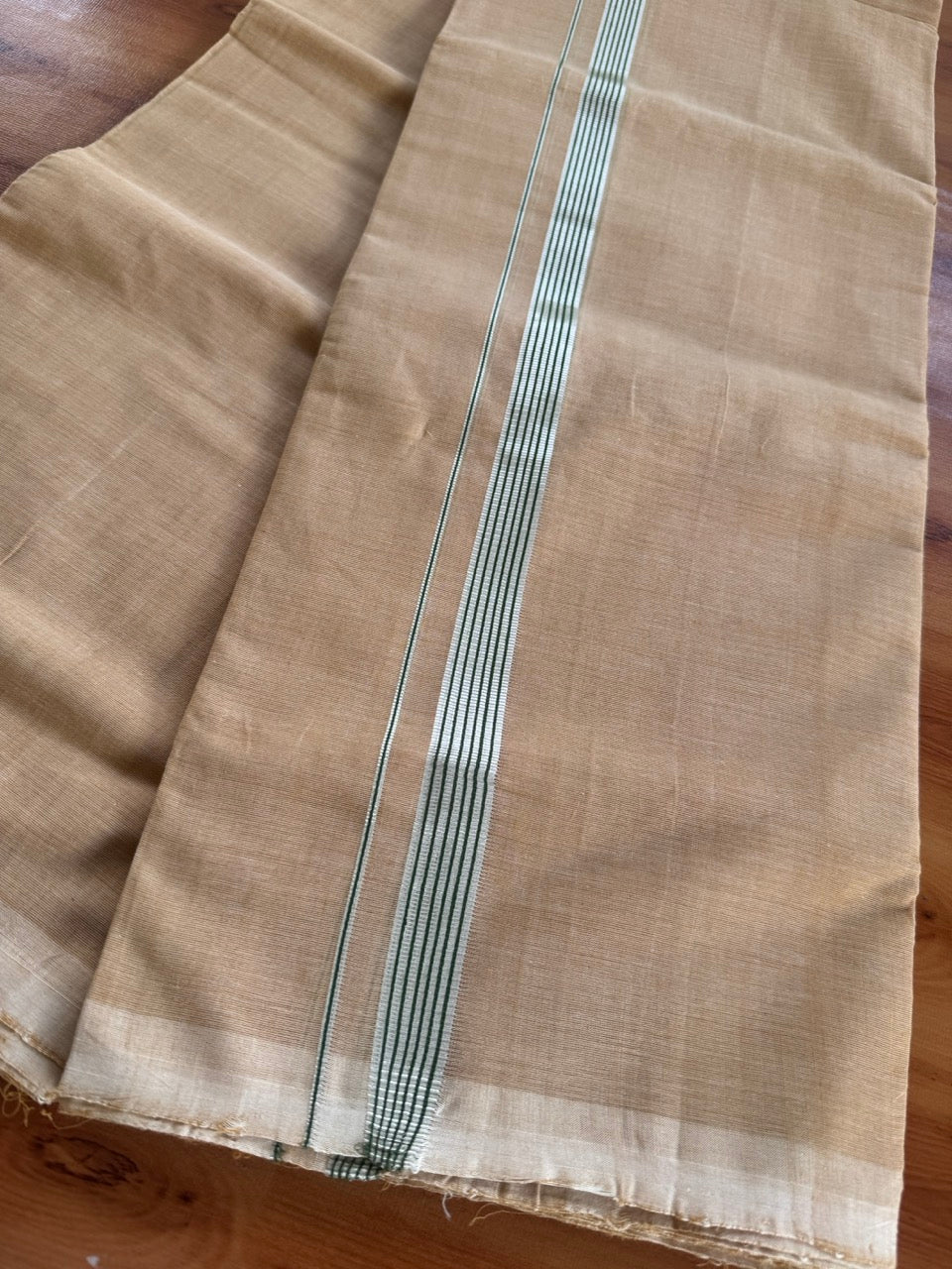 Double Mundu/Dhoti - KaithariKada Handloom Unakkupaav - 25% Discount! Kerala Handloom - Pure Cotton - 100x80 - Sand Brown Shaded Colour Body - 0.75 inch Silver Kasav & Green Striped Kara 3.80 mtr (8 muzham) - 13 KK5503 SOM