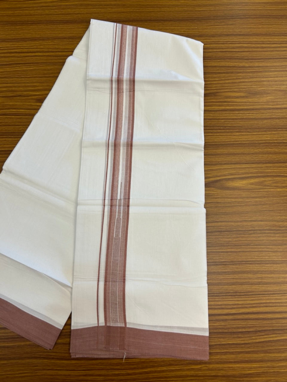 20% Discount ! Kaitharikada Balaramapuram 100% Pure Cotton Double Pure White Mundu/Dhoti - 100x80 - 1.25 inch Dusty Peach striped temple chutty 3.90 mtr (8.5 muzham) - 56 KK5287 PMC