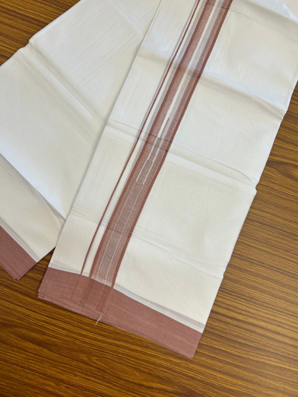 20% Discount ! Kaitharikada Balaramapuram 100% Pure Cotton Double Pure White Mundu/Dhoti - 100x80 - 1.25 inch Dusty Peach striped temple chutty 3.90 mtr (8.5 muzham) - 56 KK5287 PMC
