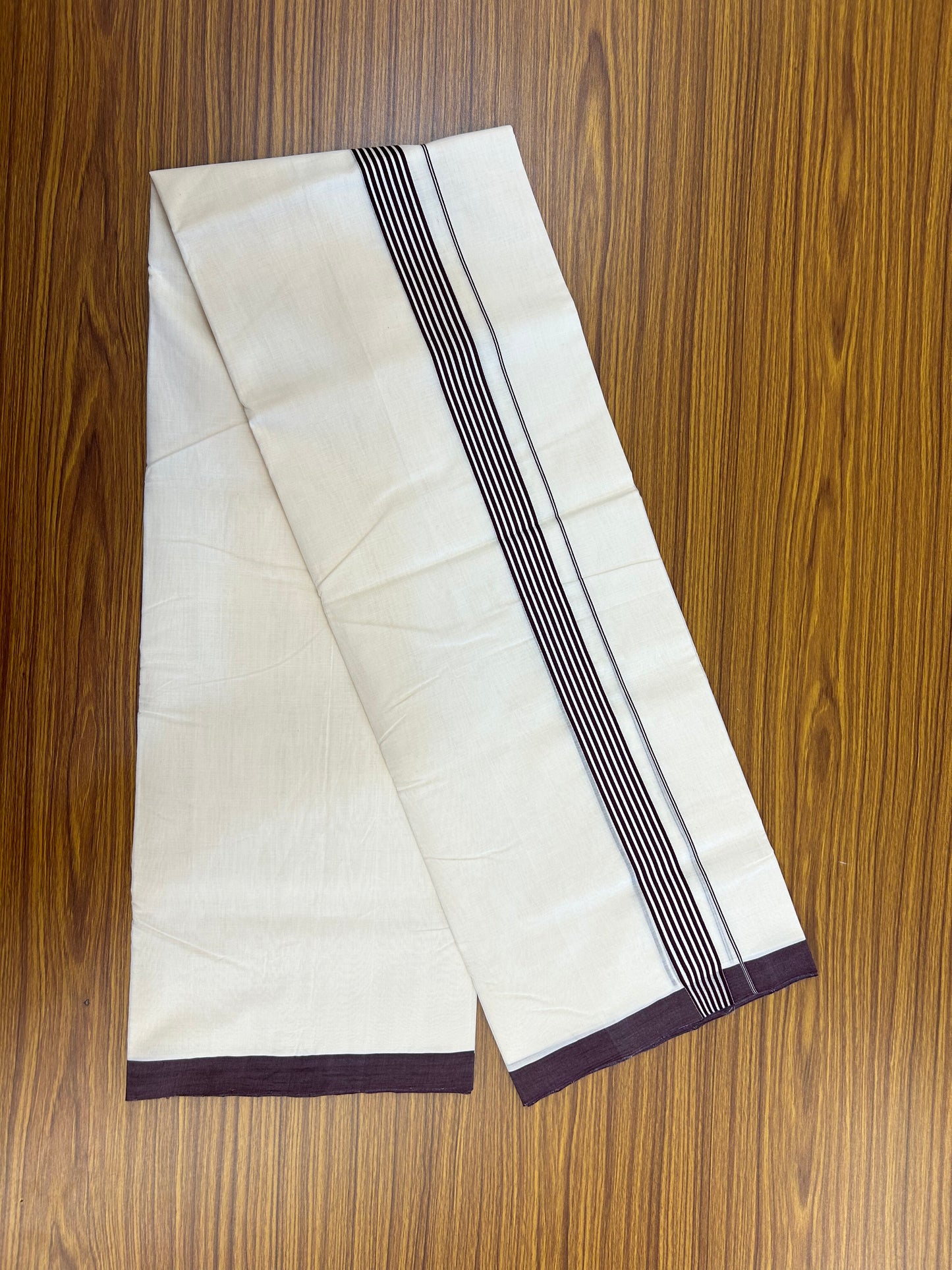 25% Discount!! KaithariKada Handloom Unakkupaav - Kerala Handloom - 100% Pure Cotton Off White (Unbleached) Double Mundu/Dothi - 100x80 - 1.25 inch Wine Purple shaded Kara 3.80 mtr (8 muzham) - 32 KK5353 REA