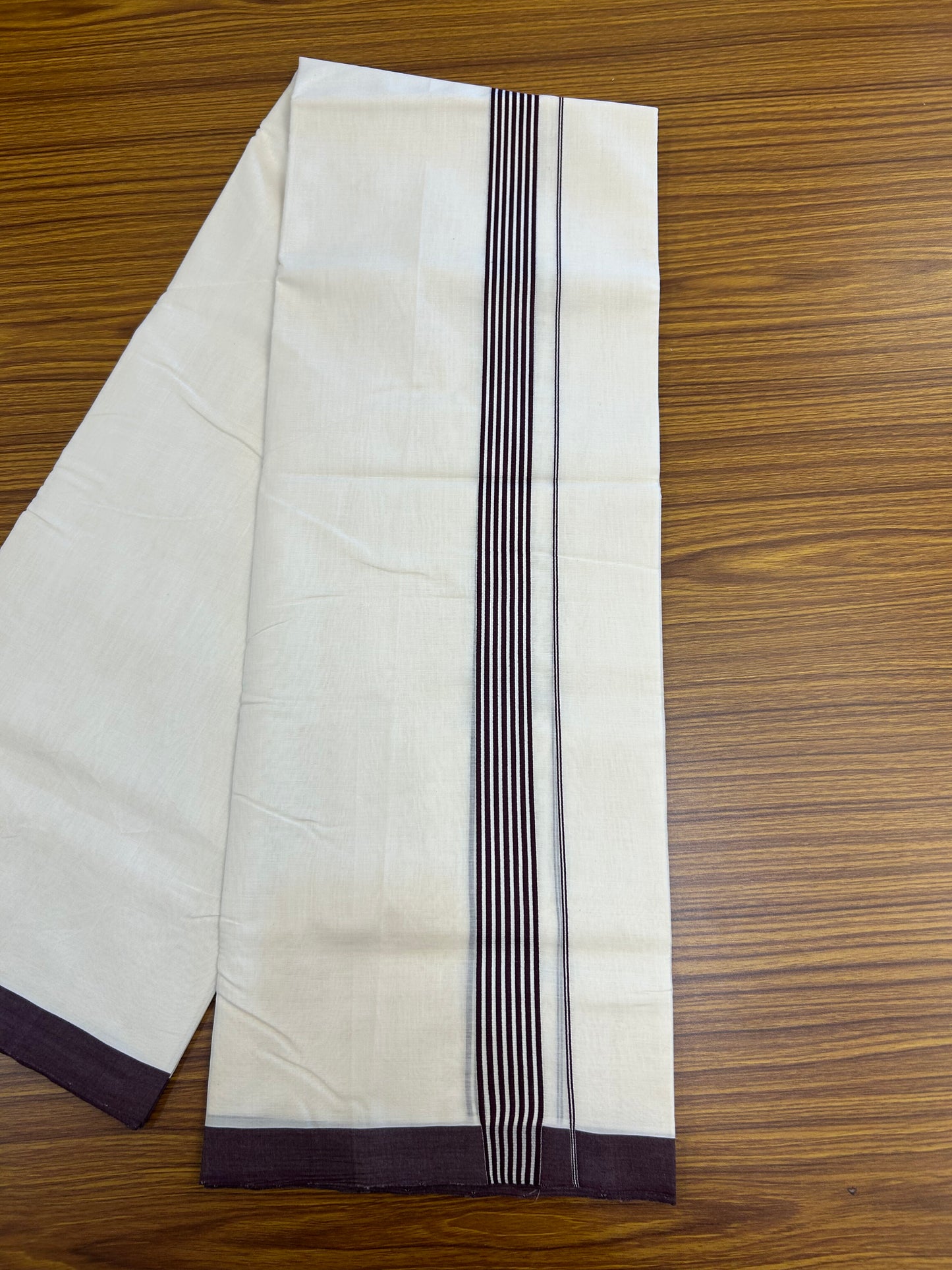 25% Discount!! KaithariKada Handloom Unakkupaav - Kerala Handloom - 100% Pure Cotton Off White (Unbleached) Double Mundu/Dothi - 100x80 - 1.25 inch Wine Purple shaded Kara 3.80 mtr (8 muzham) - 32 KK5353 REA