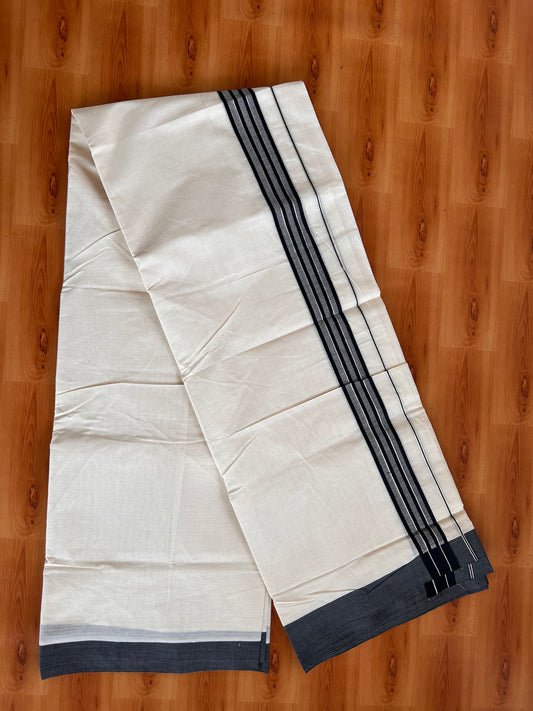 Double Off White (Unbleached) Mundu/Dhoti - 20% Discount! Kaitharikada 100% Pure Cotton - 100x80 - 1.5 inch Silver Kasav & Black striped shaded Kara 4 mtr (8.5 muzham) - 16 KK5540 PMC