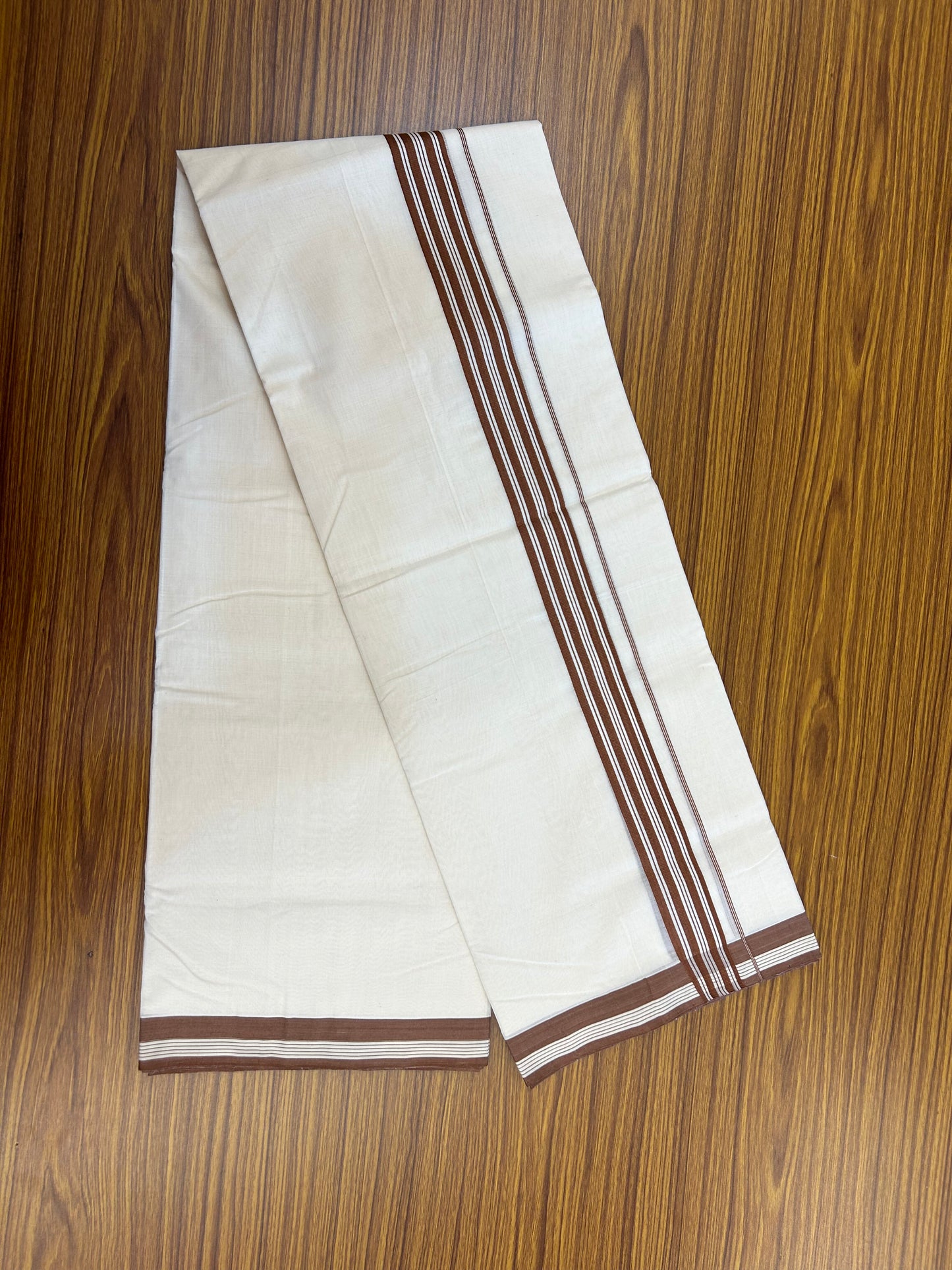 25% Discount!! KaithariKada Handloom Unakkupaav - Kerala Handloom - 100% Pure Cotton Off White (Unbleached) Double Mundu/Dothi - 100x80 - 1.5 inch Brown Stripes Kara 3.80 mtr (8 muzham) - 26 KK5353 REA