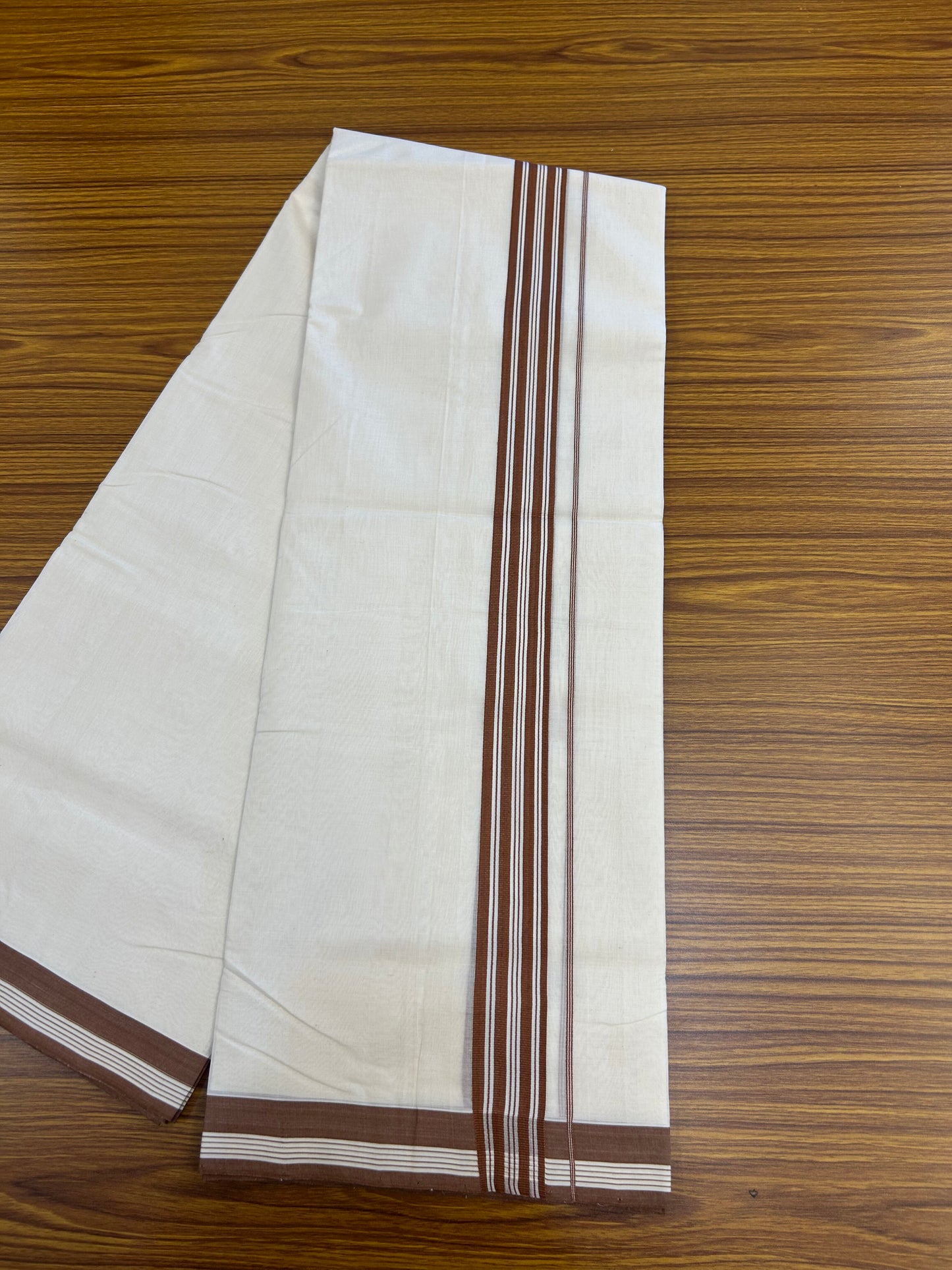 25% Discount!! KaithariKada Handloom Unakkupaav - Kerala Handloom - 100% Pure Cotton Off White (Unbleached) Double Mundu/Dothi - 100x80 - 1.5 inch Brown Stripes Kara 3.80 mtr (8 muzham) - 26 KK5353 REA