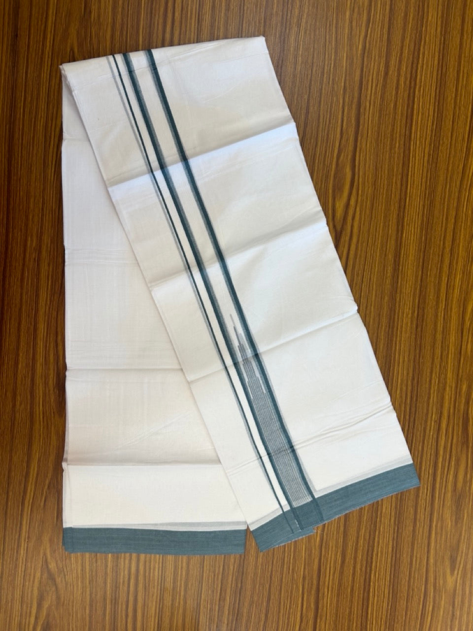 20% Discount ! Kaitharikada Balaramapuram 100% Pure Cotton Double Pure White Mundu/Dhoti - 100x80 - 1.25 inch Teal Green striped temple chutty 3.90 mtr (8.5 muzham) - 53 KK5287 PMC