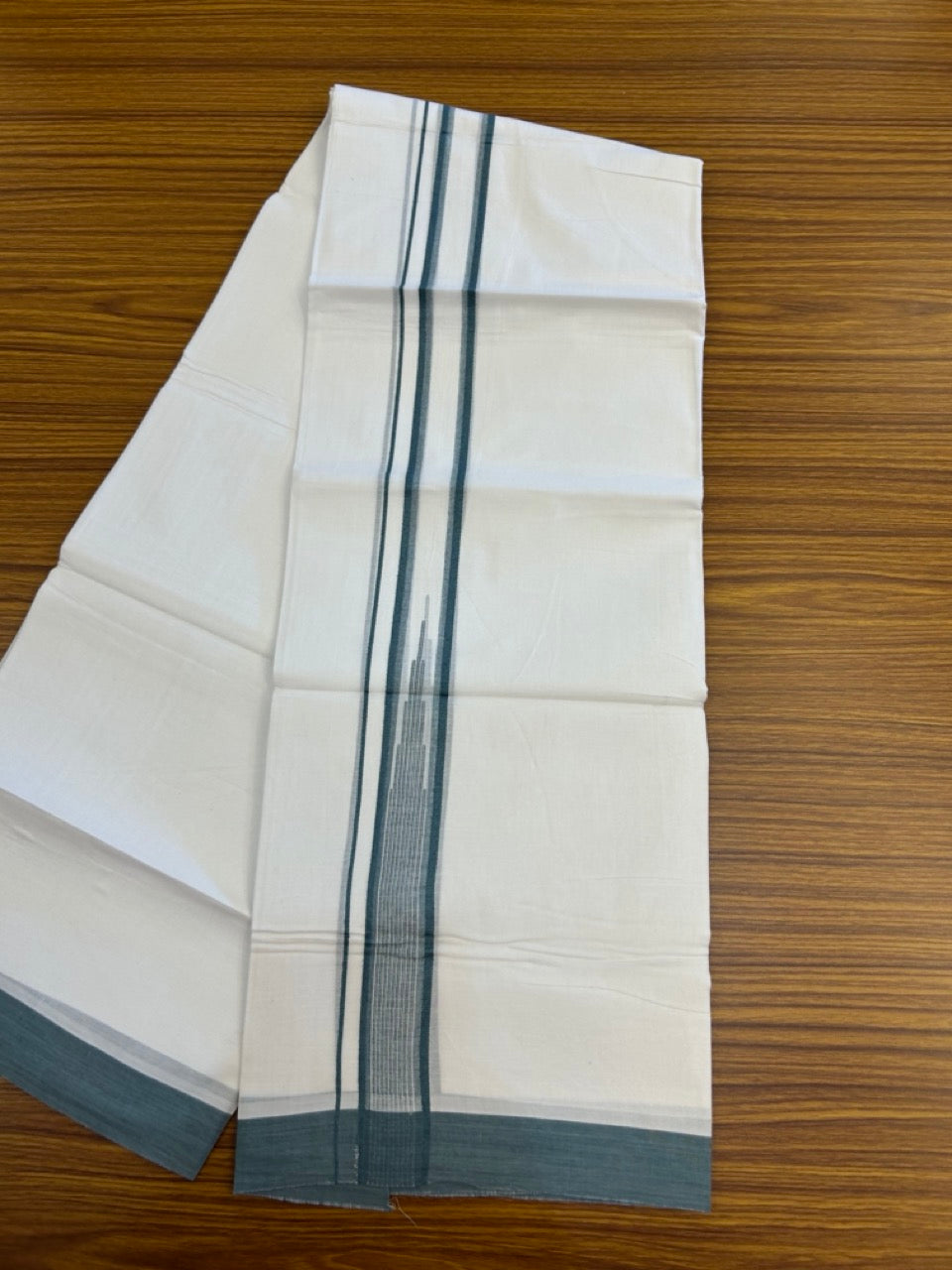 20% Discount ! Kaitharikada Balaramapuram 100% Pure Cotton Double Pure White Mundu/Dhoti - 100x80 - 1.25 inch Teal Green striped temple chutty 3.90 mtr (8.5 muzham) - 53 KK5287 PMC