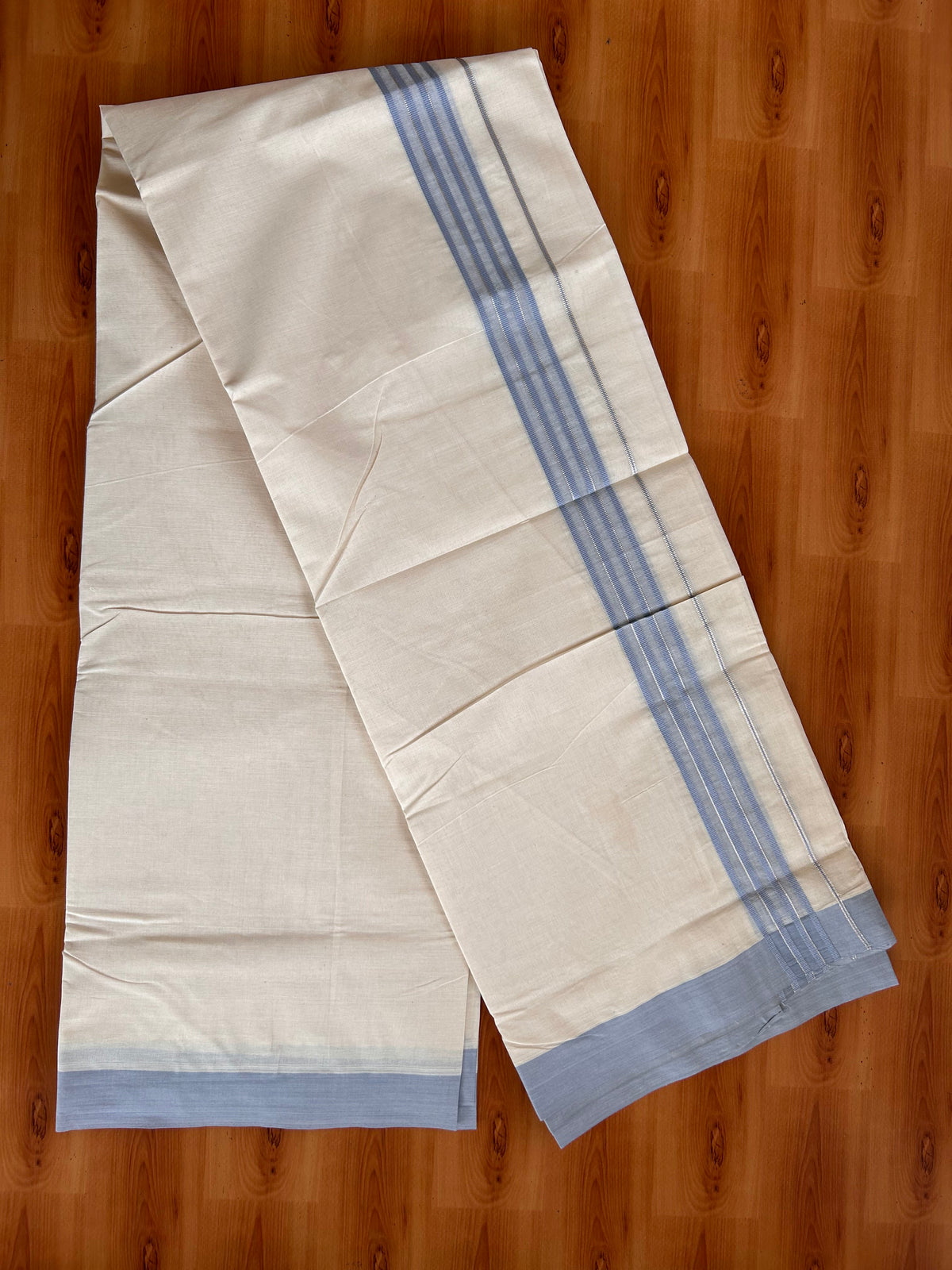 Double Off White (Unbleached) Mundu/Dhoti - 20% Discount! Kaitharikada 100% Pure Cotton - 100x80 - 1.5 inch Silver Kasav & Ash Blue striped shaded Kara 4 mtr (8.5 muzham) - 18 KK5540 PMC