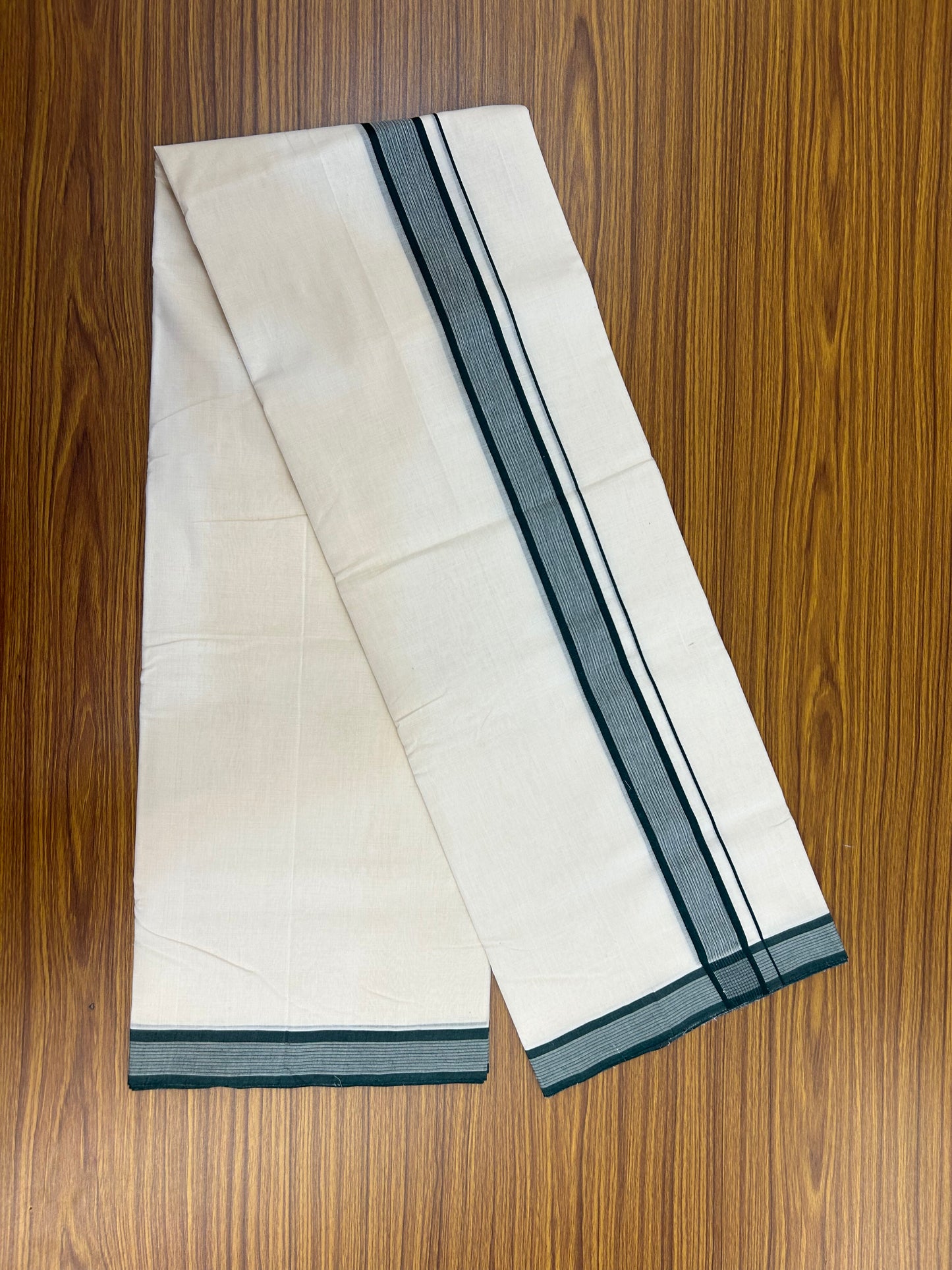 25% Discount!! KaithariKada Handloom Unakkupaav - Kerala Handloom - 100% Pure Cotton Off White (Unbleached) Double Mundu/Dothi - 100x80 - 1.5 inch Green shaded Kara 3.80 mtr (8 muzham) - 29 KK5353 REA