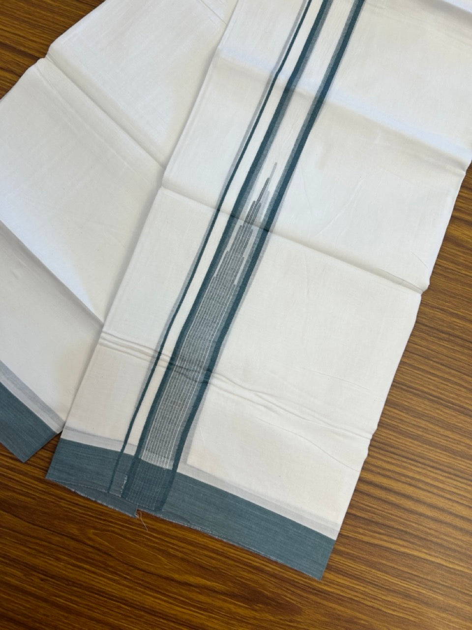 20% Discount ! Kaitharikada Balaramapuram 100% Pure Cotton Double Pure White Mundu/Dhoti - 100x80 - 1.25 inch Teal Green striped temple chutty 3.90 mtr (8.5 muzham) - 53 KK5287 PMC