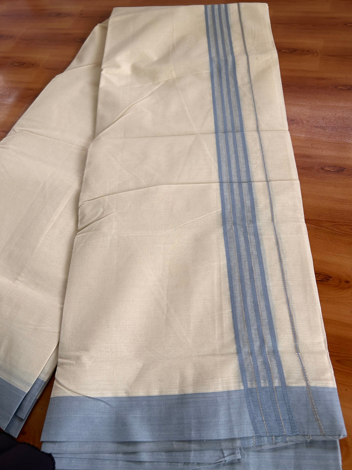 Double Off White (Unbleached) Mundu/Dhoti - 20% Discount! Kaitharikada 100% Pure Cotton - 100x80 - 1.5 inch Silver Kasav & Ash Blue striped shaded Kara 4 mtr (8.5 muzham) - 18 KK5540 PMC