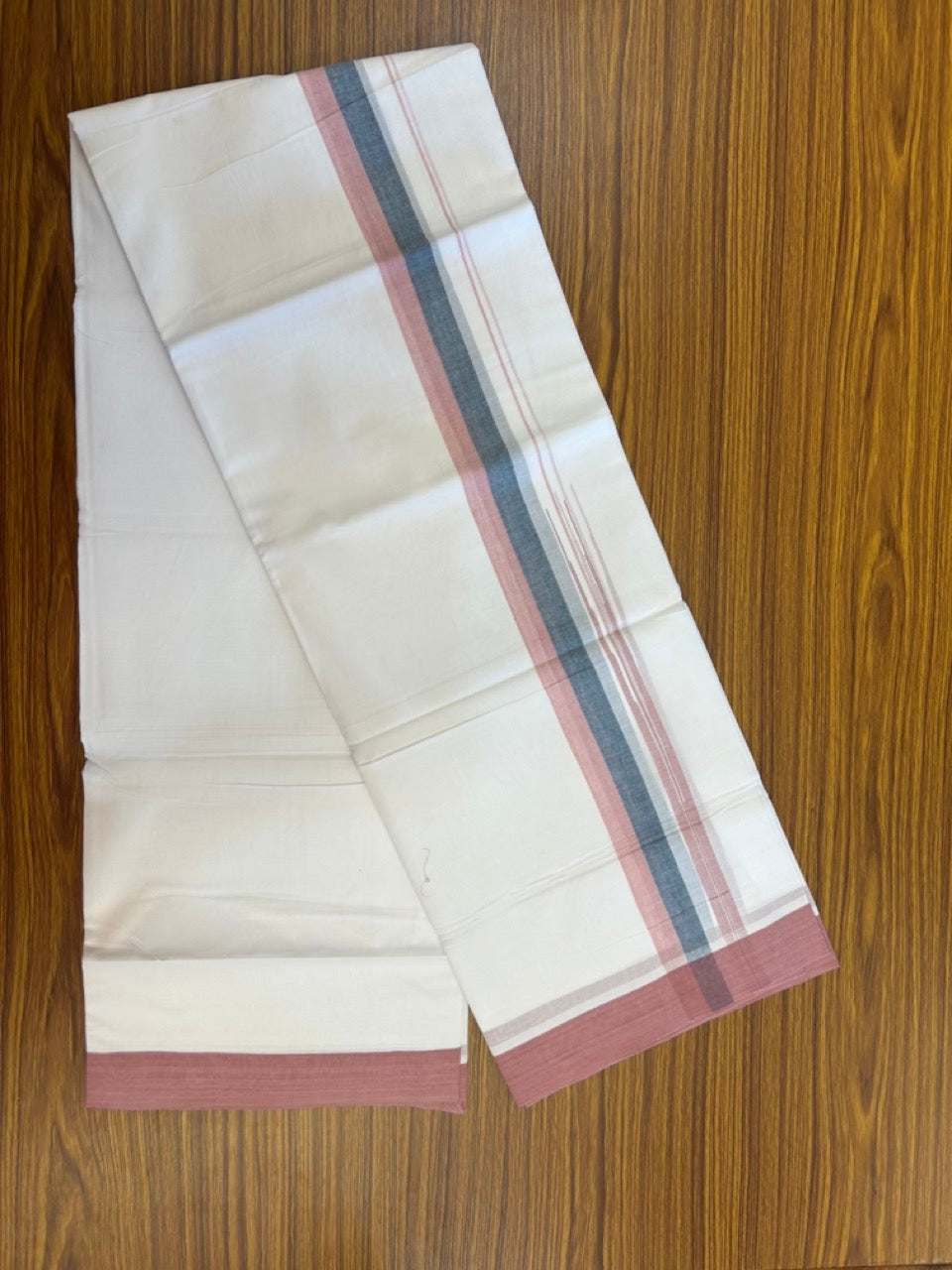 20% Discount ! Kaitharikada Balaramapuram 100% Pure Cotton Double Pure White Mundu/Dhoti - 100x80 - 1.25 inch Dark Green & Dusty rose shaded striped long chutty 3.90 mtr (8.5 muzham) - 79 KK5287 PMC