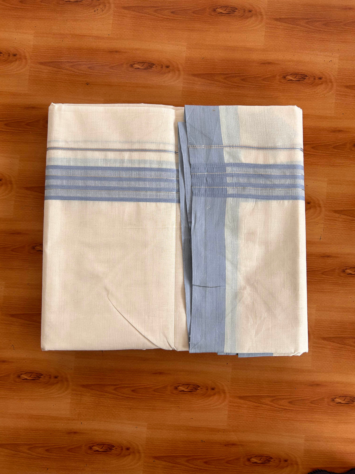 Double Off White (Unbleached) Mundu/Dhoti - 20% Discount! Kaitharikada 100% Pure Cotton - 100x80 - 1.5 inch Silver Kasav & Ash Blue striped shaded Kara 4 mtr (8.5 muzham) - 18 KK5540 PMC