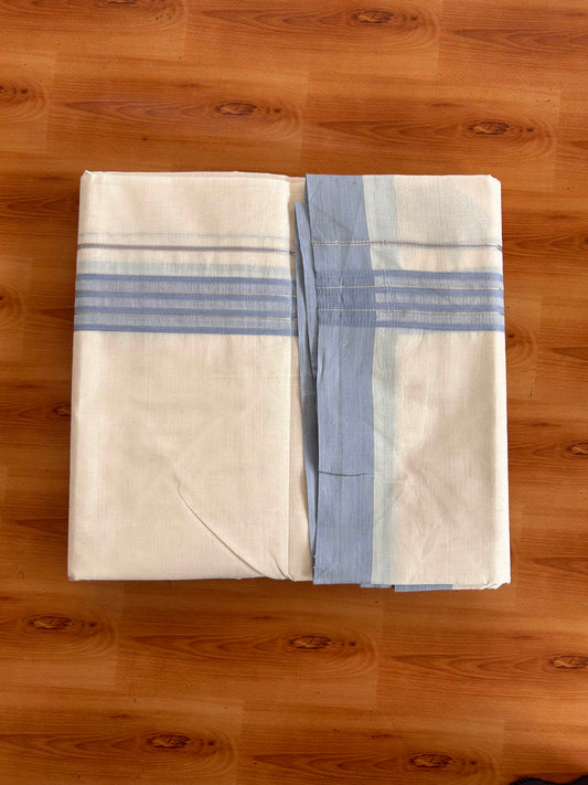 Double Off White (Unbleached) Mundu/Dhoti - 20% Discount! Kaitharikada 100% Pure Cotton - 100x80 - 1.5 inch Silver Kasav & Ash Blue striped shaded Kara 4 mtr (8.5 muzham) - 18 KK5540 PMC