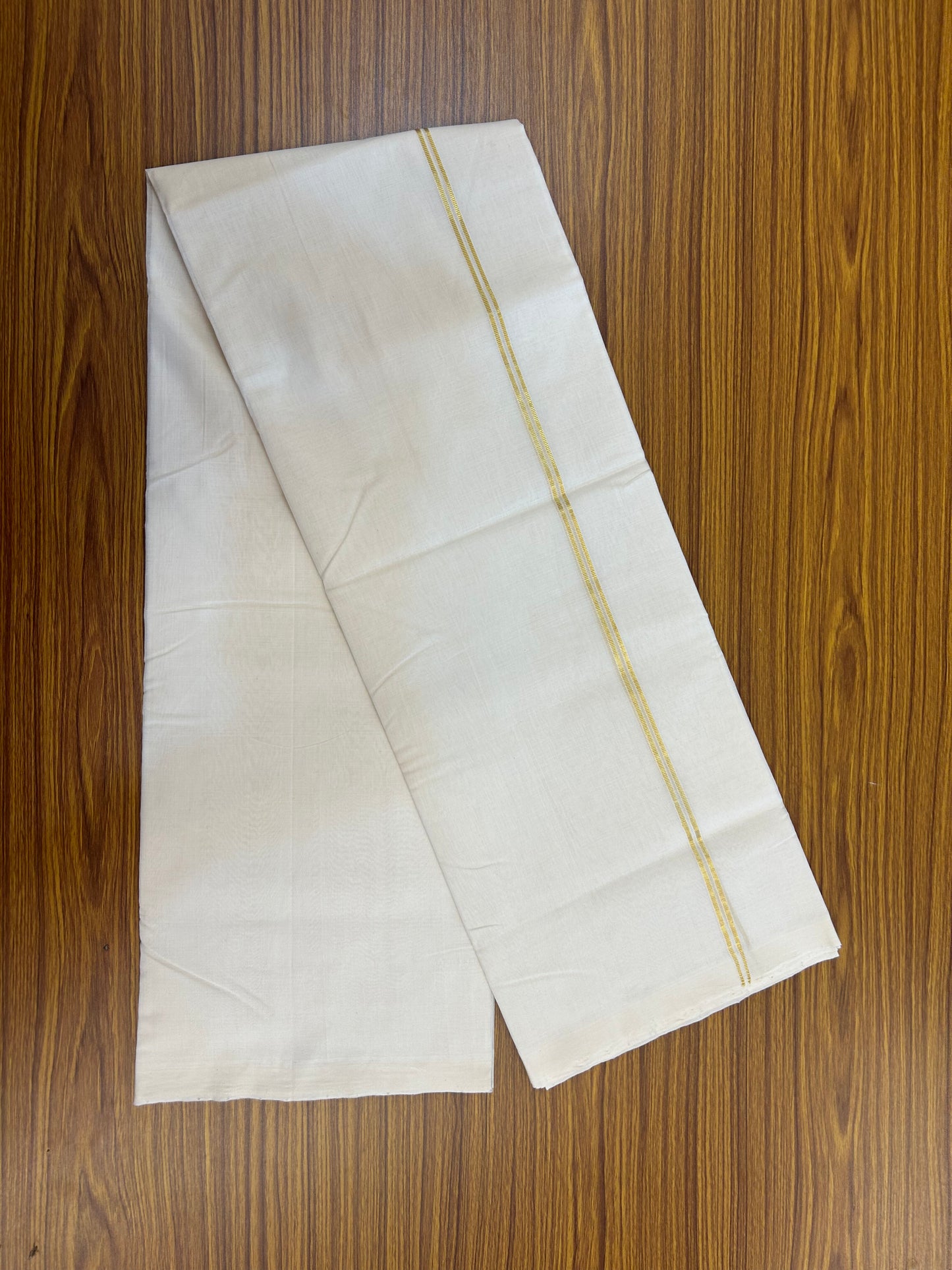 25% Discount!! KaithariKada Handloom Unakkupaav - Kerala Handloom - 100% Pure Cotton Off White (Unbleached) Double Mundu/Dothi - 100x80 - Pure Jerry 1 cm Gold Kasav Stripes Kara 3.80 mtr (8 muzham) - 38 KK5353 REA