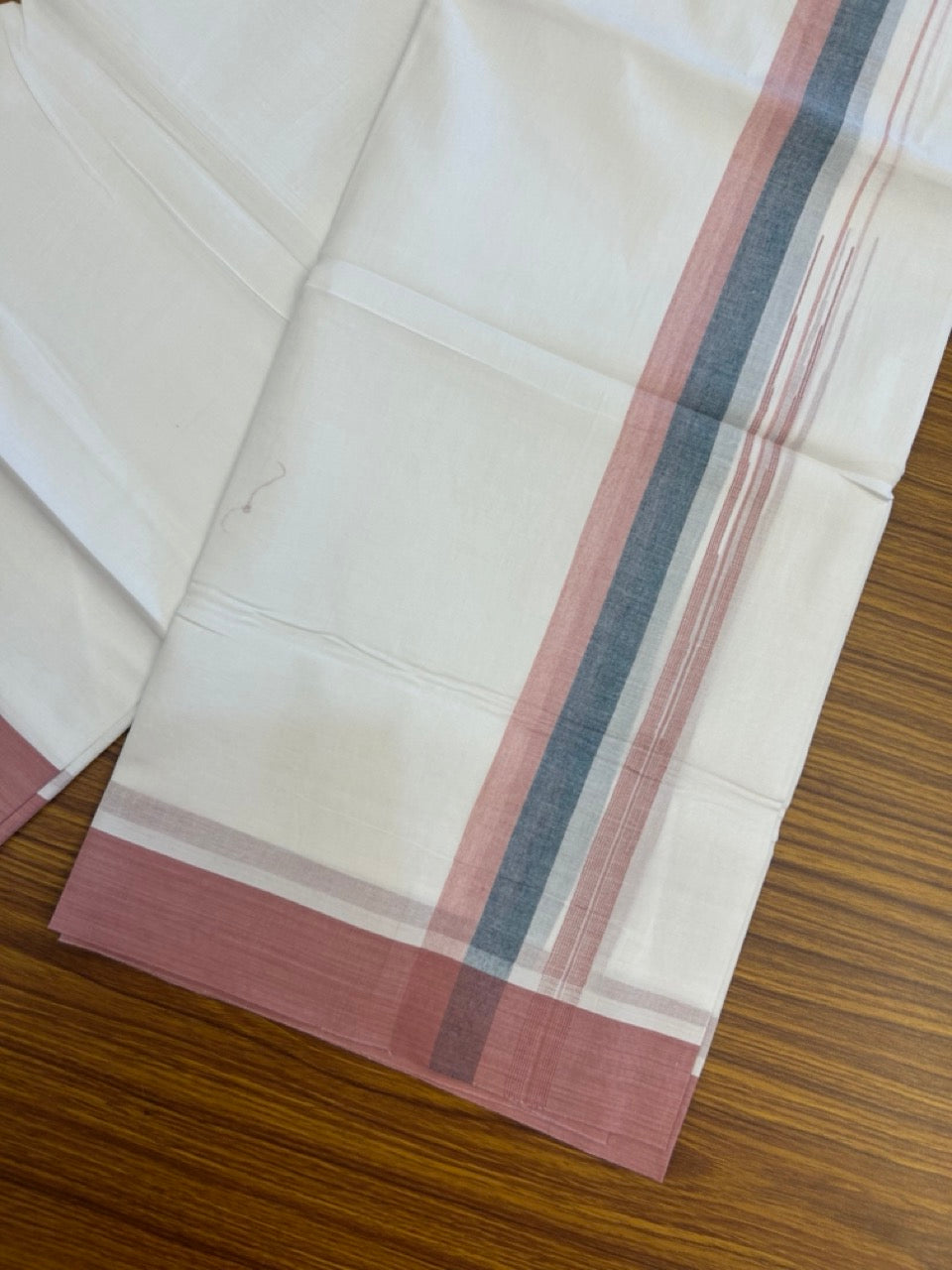 20% Discount ! Kaitharikada Balaramapuram 100% Pure Cotton Double Pure White Mundu/Dhoti - 100x80 - 1.25 inch Dark Green & Dusty rose shaded striped long chutty 3.90 mtr (8.5 muzham) - 79 KK5287 PMC
