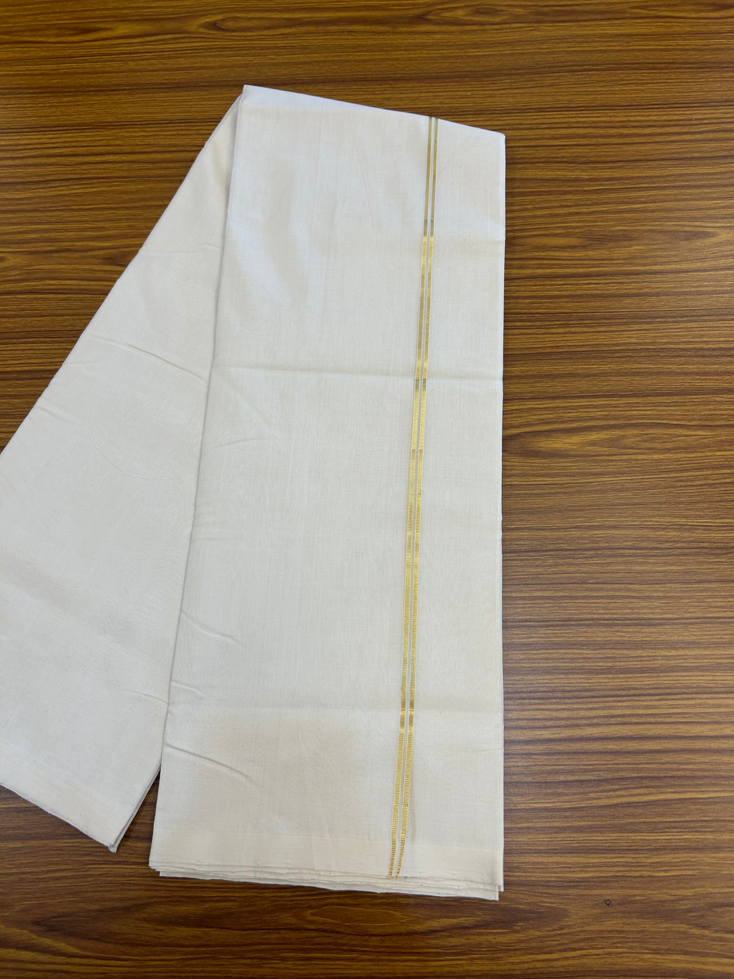 25% Discount!! KaithariKada Handloom Unakkupaav - Kerala Handloom - 100% Pure Cotton Off White (Unbleached) Double Mundu/Dothi - 100x80 - Pure Jerry 1 cm Gold Kasav Stripes Kara 3.80 mtr (8 muzham) - 38 KK5353 REA