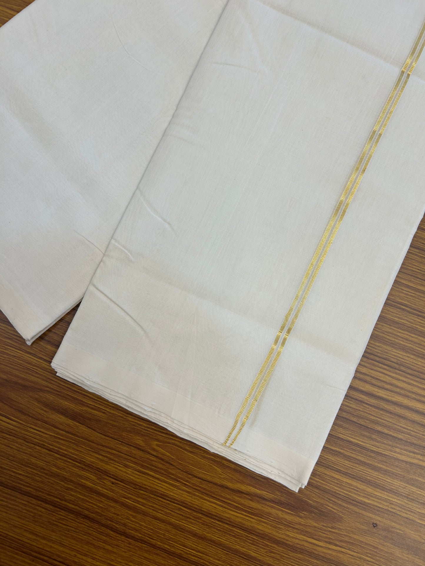 25% Discount!! KaithariKada Handloom Unakkupaav - Kerala Handloom - 100% Pure Cotton Off White (Unbleached) Double Mundu/Dothi - 100x80 - Pure Jerry 1 cm Gold Kasav Stripes Kara 3.80 mtr (8 muzham) - 38 KK5353 REA