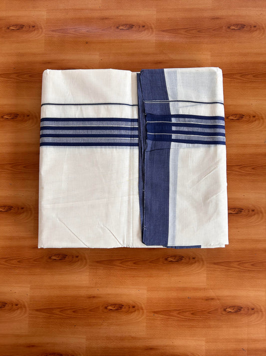 Double Off White (Unbleached) Mundu/Dhoti - 20% Discount! Kaitharikada 100% Pure Cotton - 100x80 - 1.5 inch Silver Kasav & Navy Blue striped shaded Kara 4 mtr (8.5 muzham) - 20 KK5540 PMC
