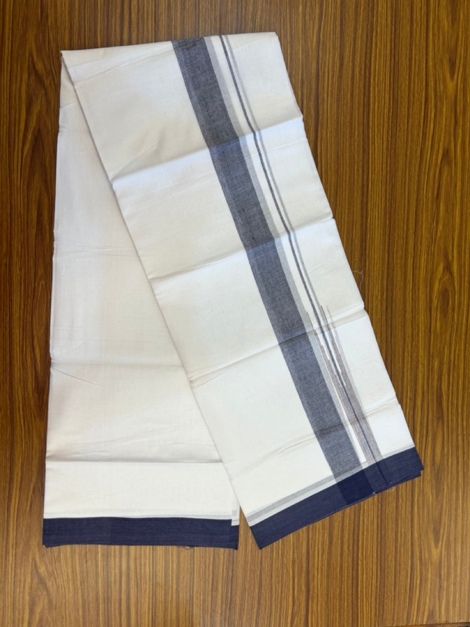20% Discount ! Kaitharikada Balaramapuram 100% Pure Cotton Double Pure White Mundu/Dhoti - 100x80 - 1.5 inch Navy Blue shaded striped chutty 3.90 mtr (8.5 muzham) - 77 KK5287 PMC