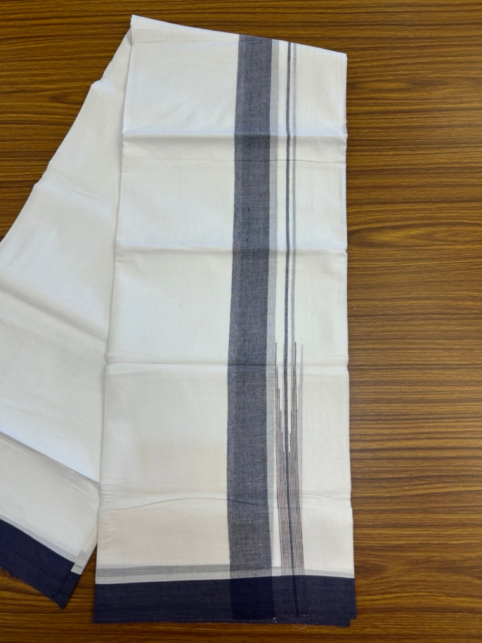 20% Discount ! Kaitharikada Balaramapuram 100% Pure Cotton Double Pure White Mundu/Dhoti - 100x80 - 1.5 inch Navy Blue shaded striped chutty 3.90 mtr (8.5 muzham) - 77 KK5287 PMC
