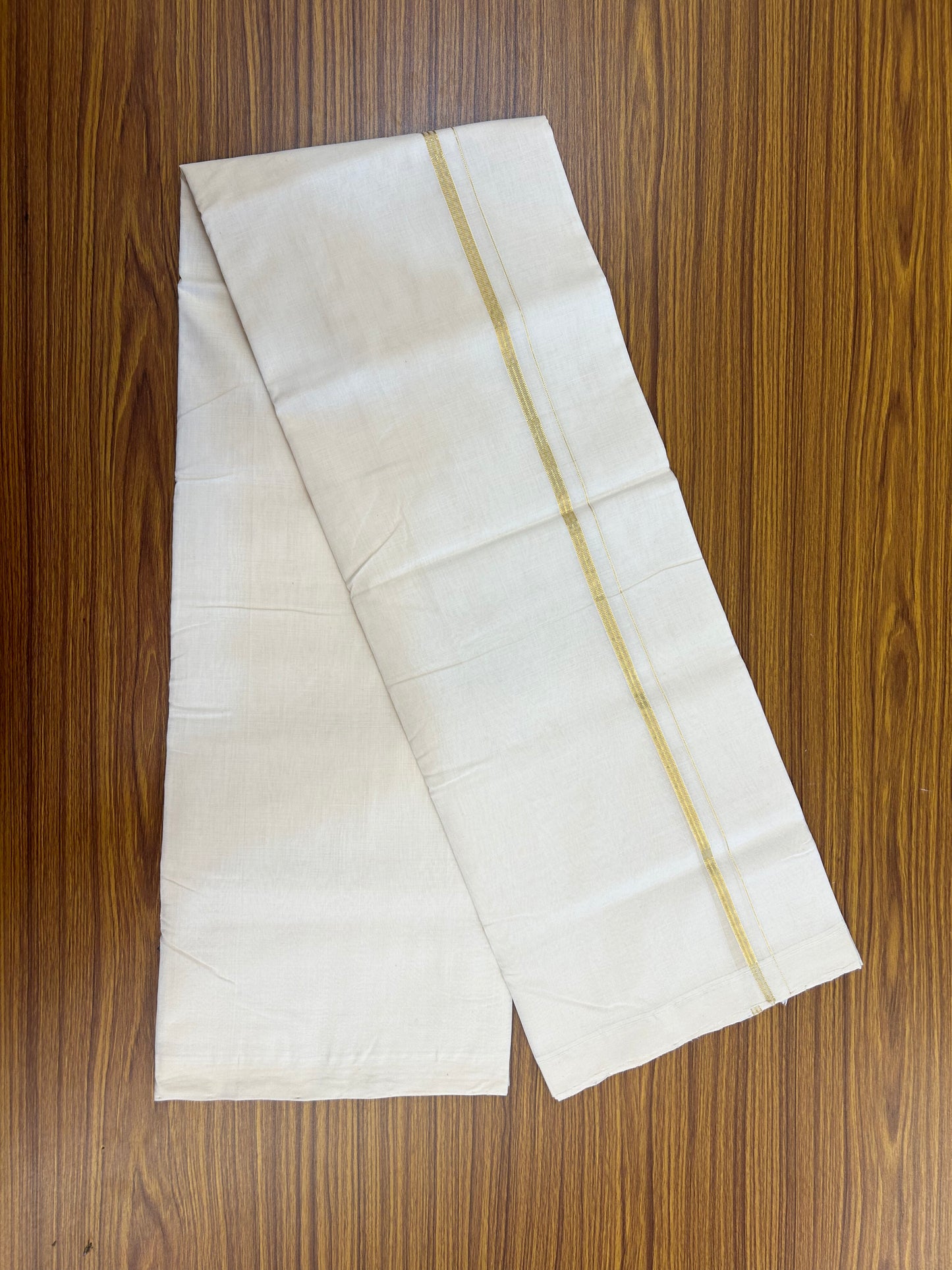 25% Discount!! KaithariKada Handloom Unakkupaav - Kerala Handloom - 100% Pure Cotton Off White (Unbleached) Double Mundu/Dothi - 100x80 - 1 cm Pure Jerry Gold Kasav Stripes Kara 3.80 mtr (8 muzham) - 40 KK5353 REA