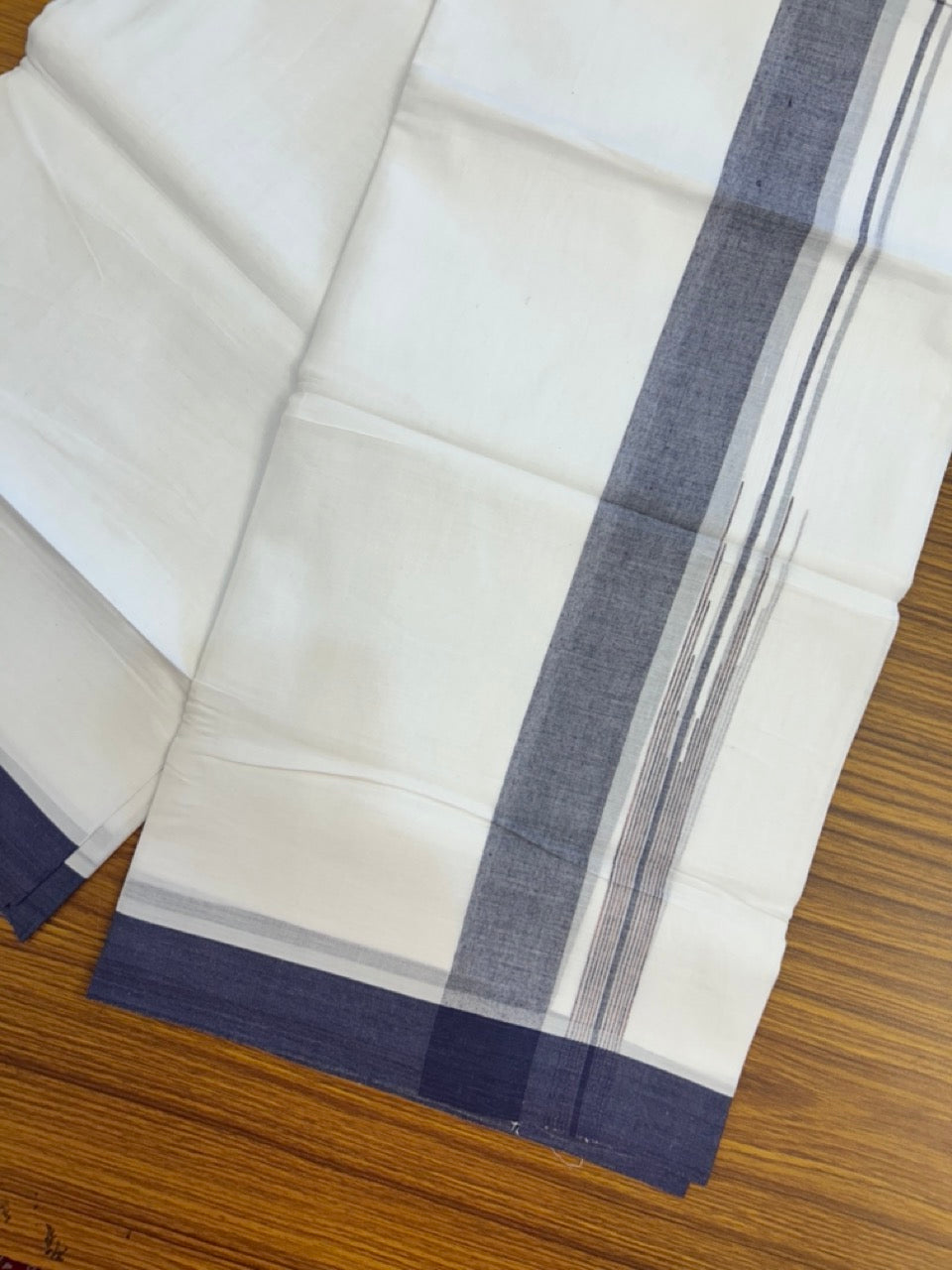 20% Discount ! Kaitharikada Balaramapuram 100% Pure Cotton Double Pure White Mundu/Dhoti - 100x80 - 1.5 inch Navy Blue shaded striped chutty 3.90 mtr (8.5 muzham) - 77 KK5287 PMC