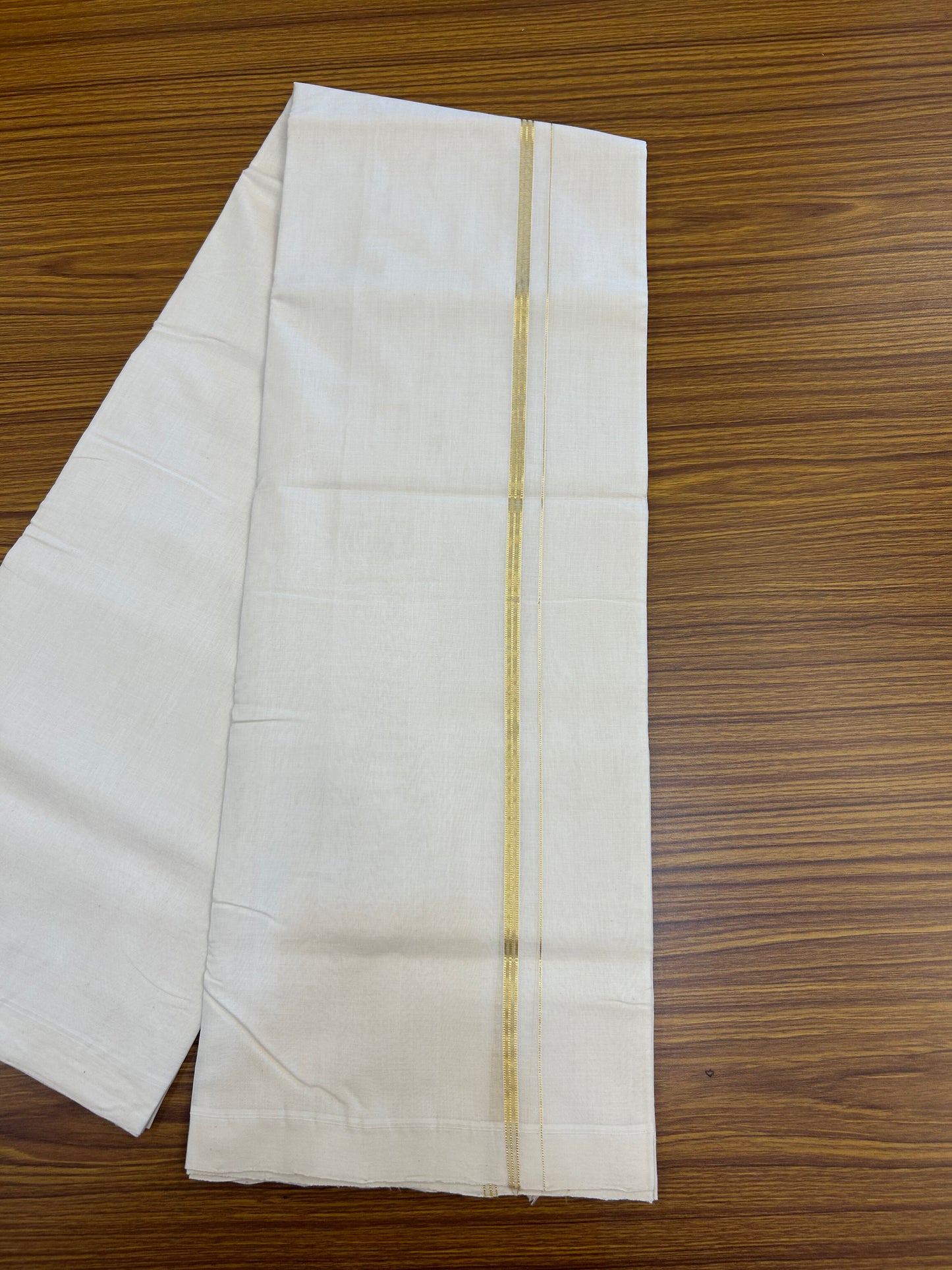 25% Discount!! KaithariKada Handloom Unakkupaav - Kerala Handloom - 100% Pure Cotton Off White (Unbleached) Double Mundu/Dothi - 100x80 - 1 cm Pure Jerry Gold Kasav Stripes Kara 3.80 mtr (8 muzham) - 40 KK5353 REA