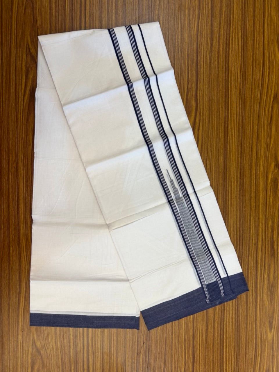 20% Discount ! Kaitharikada Balaramapuram 100% Pure Cotton Double Pure White Mundu/Dhoti - 100x80 - 1.75 inch Navy Blue striped temple chutty 3.90 mtr (8.5 muzham) - 63 KK5287 PMC