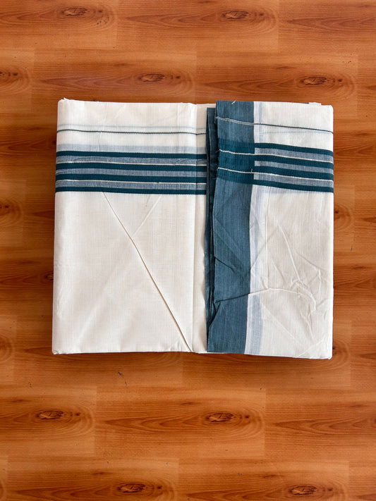 Double Off White (Unbleached) Mundu/Dhoti - 20% Discount! Kaitharikada 100% Pure Cotton - 100x80 - 1.5 inch Silver Kasav & Dark Green striped shaded Kara 4 mtr (8.5 muzham) - 21 KK5540 PMC