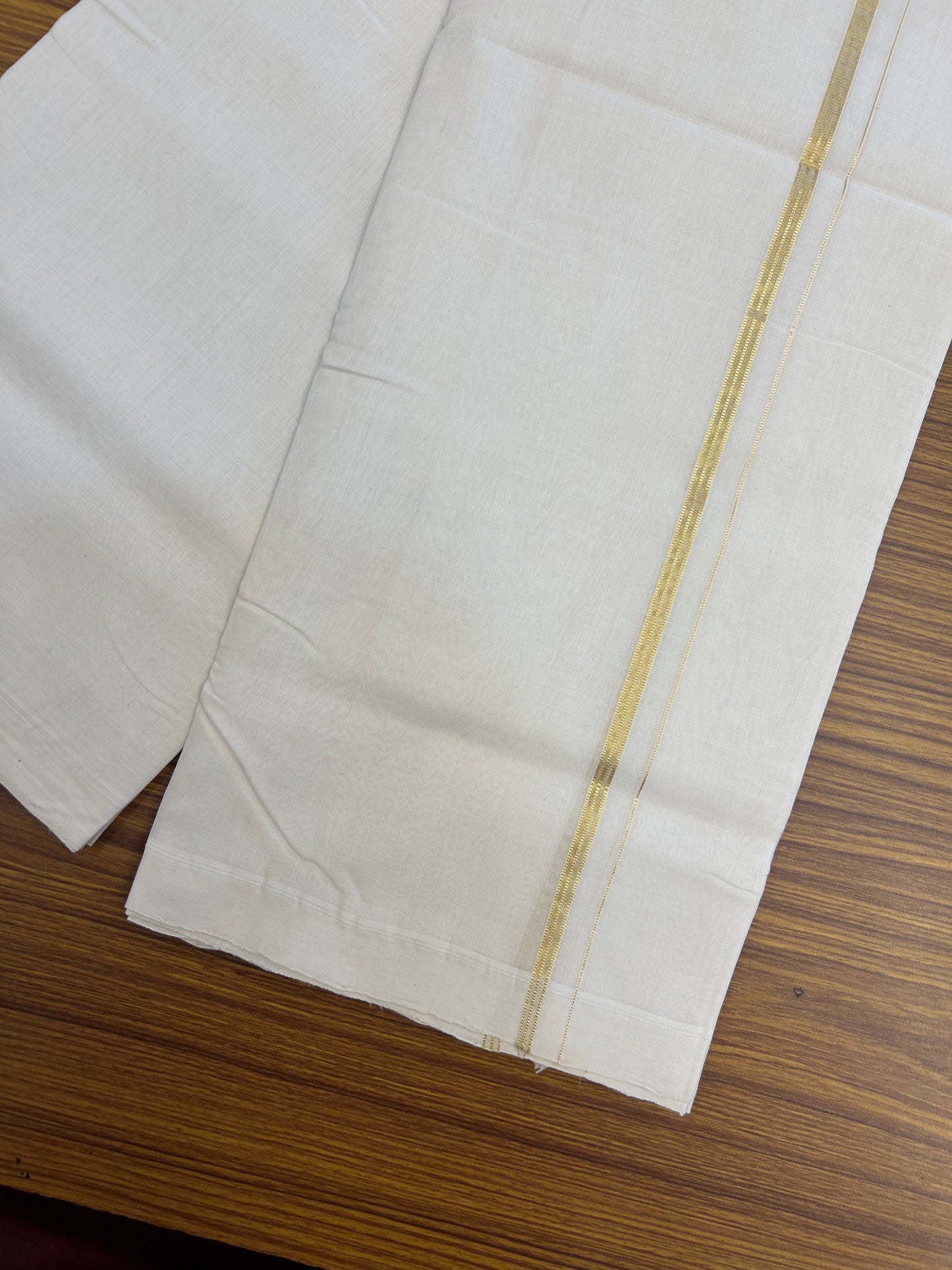 25% Discount!! KaithariKada Handloom Unakkupaav - Kerala Handloom - 100% Pure Cotton Off White (Unbleached) Double Mundu/Dothi - 100x80 - 1 cm Pure Jerry Gold Kasav Stripes Kara 3.80 mtr (8 muzham) - 40 KK5353 REA