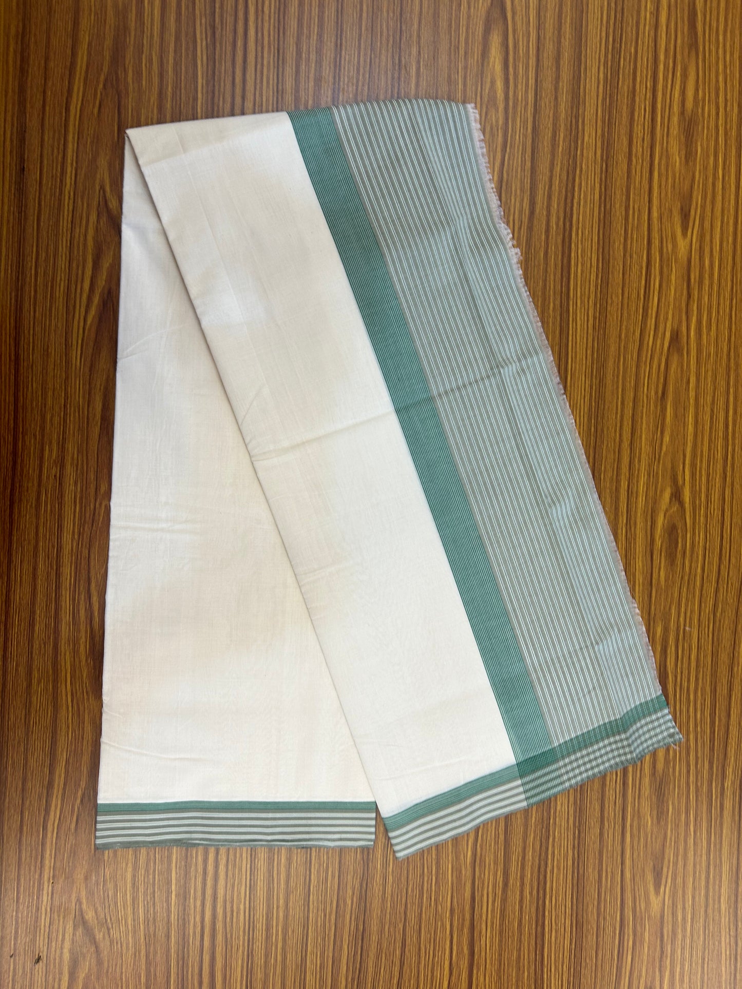25% Discount!! KaithariKada Handloom Unakkupaav - Kerala Handloom - 100% Pure Cotton Off White (Unbleached) Double Mundu/Dothi - 100x80 - 4.5 inch Sage Green & Green Stripes Kara 3.80 mtr (8 muzham) - 23 KK5353 REA