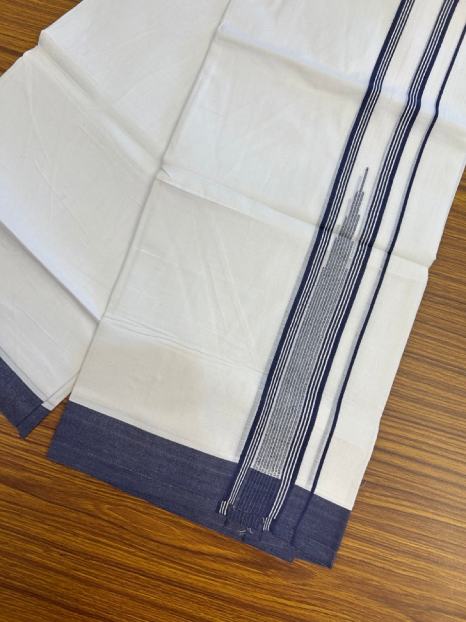 20% Discount ! Kaitharikada Balaramapuram 100% Pure Cotton Double Pure White Mundu/Dhoti - 100x80 - 1.75 inch Navy Blue striped temple chutty 3.90 mtr (8.5 muzham) - 63 KK5287 PMC