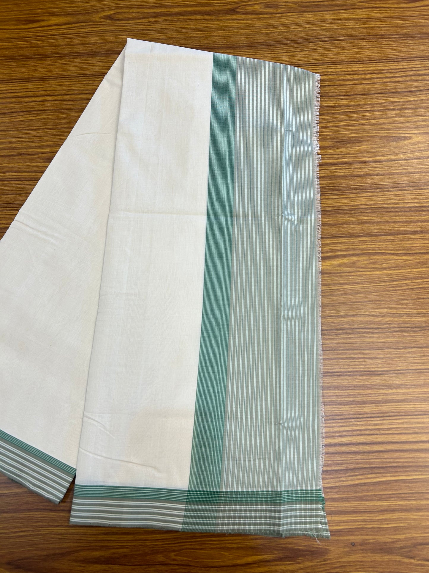 25% Discount!! KaithariKada Handloom Unakkupaav - Kerala Handloom - 100% Pure Cotton Off White (Unbleached) Double Mundu/Dothi - 100x80 - 4.5 inch Sage Green & Green Stripes Kara 3.80 mtr (8 muzham) - 23 KK5353 REA